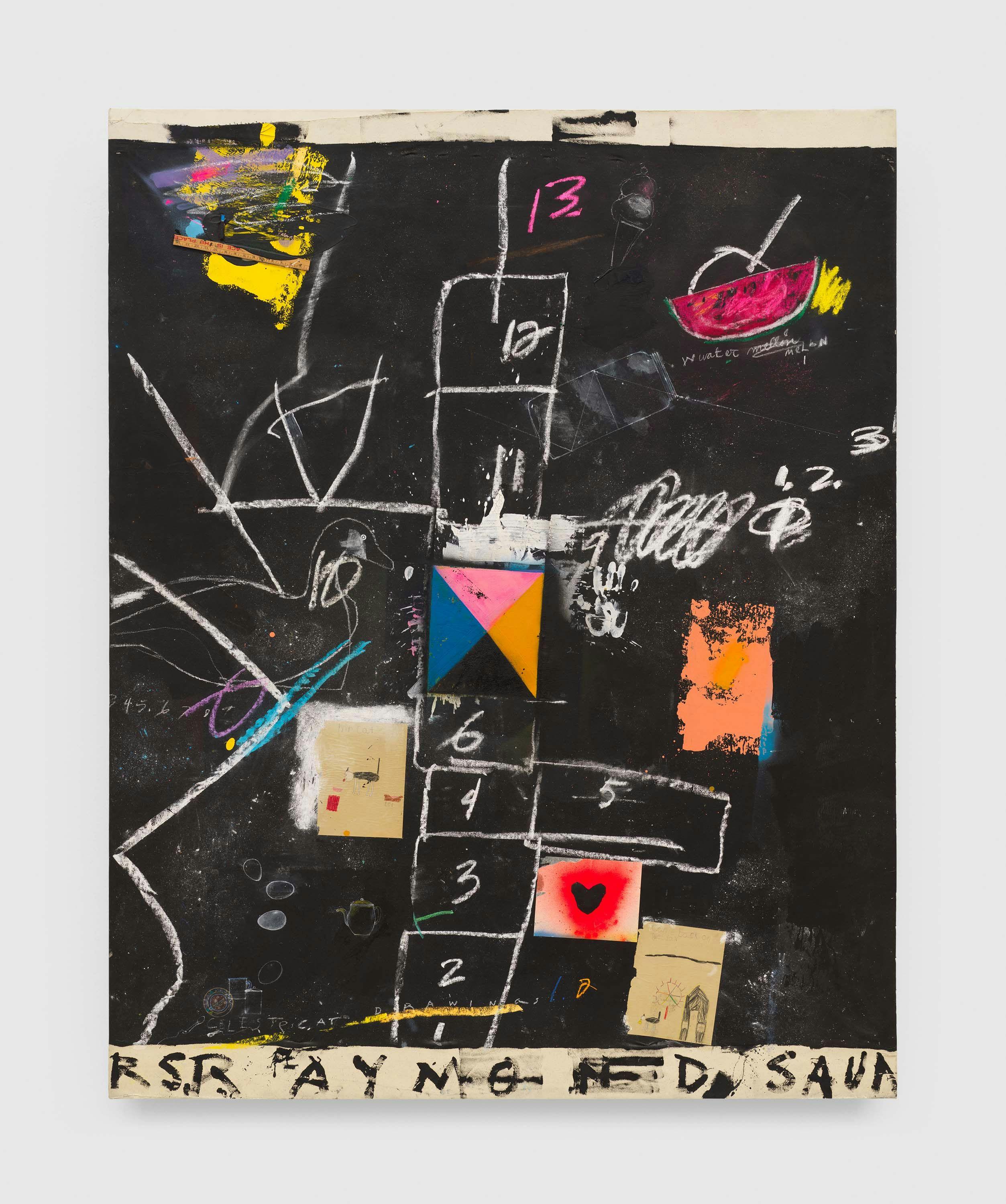 A mixed media artwork by Raymond Saunders, titled Celeste Age 5 Invited Me To Tea, dated 1986. 