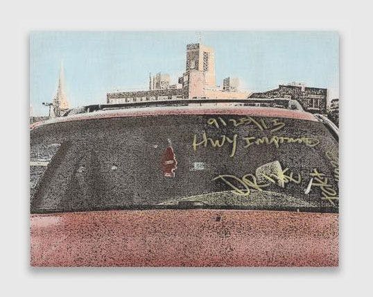 An oil and alkyd on linen artwork by Nate Lowman, titled Red Car, Brooklyn, dated 2016.