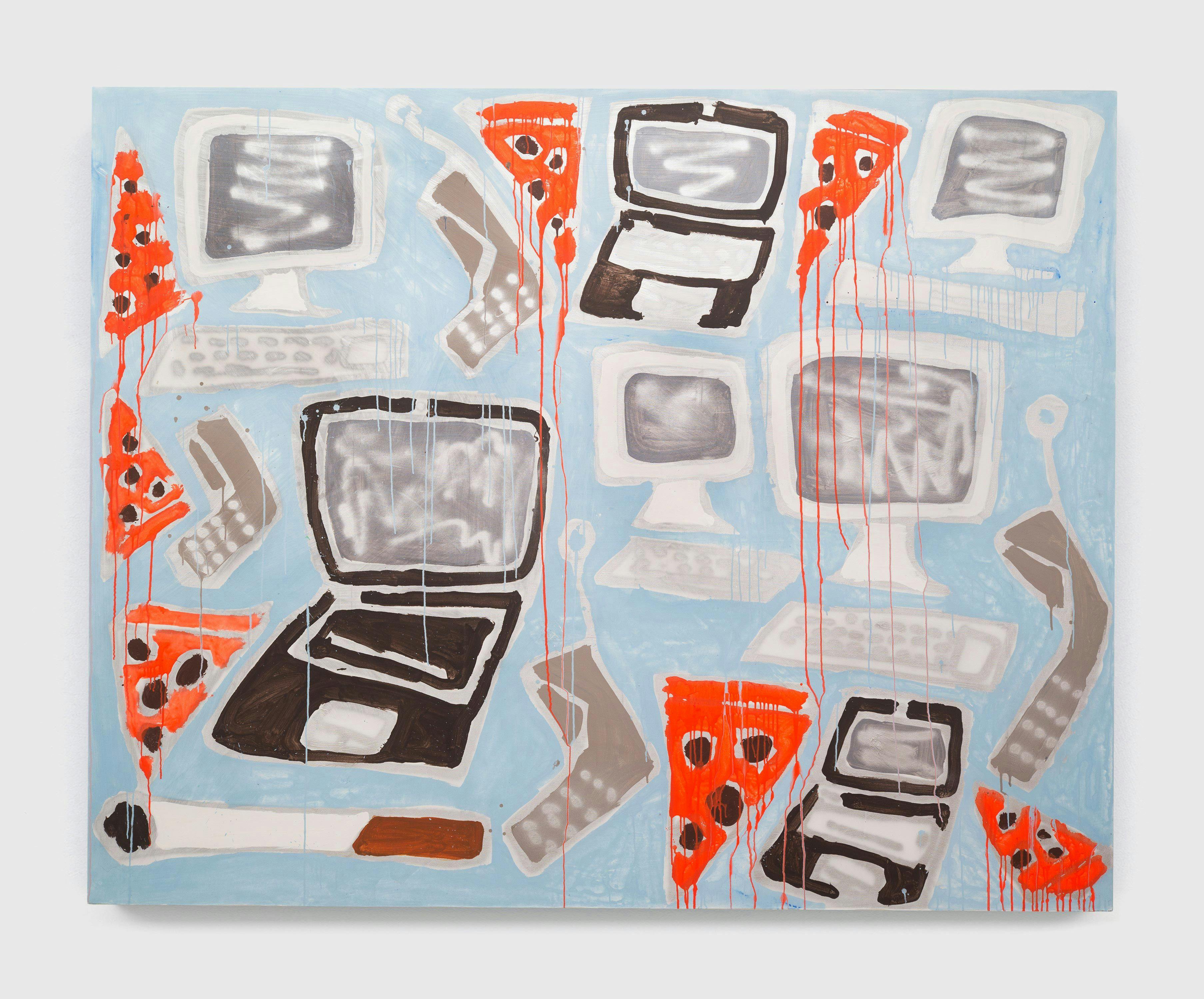 A painting by Katherine Bernhardt, titled Study Session / Computers, Laptops, Cell phones, Pizza and a Cigarette, dated 2013.
