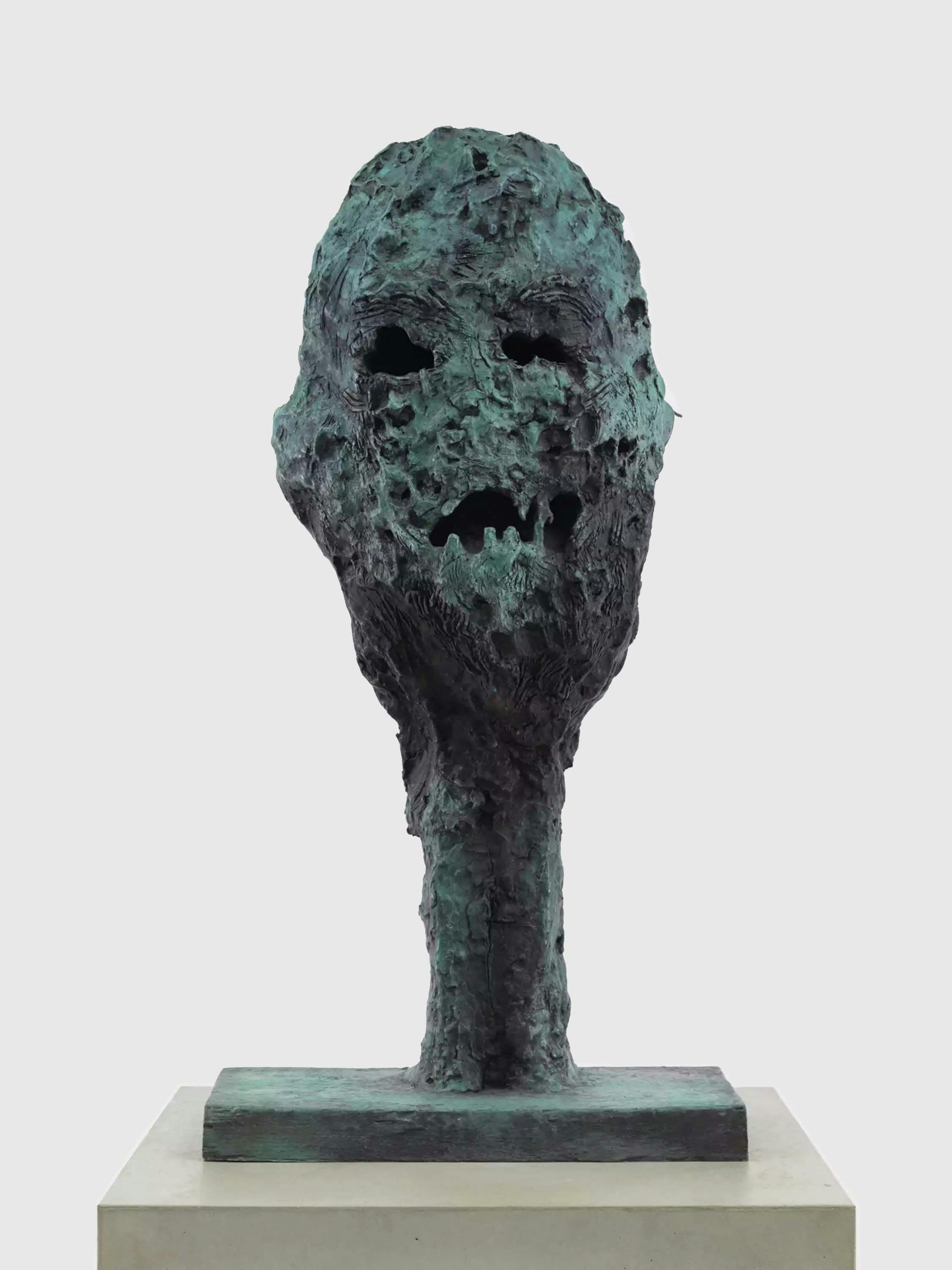 A patinated bronze artwork by Huma Bhabha, titled The Ancient and Arcane, dated 2021.
