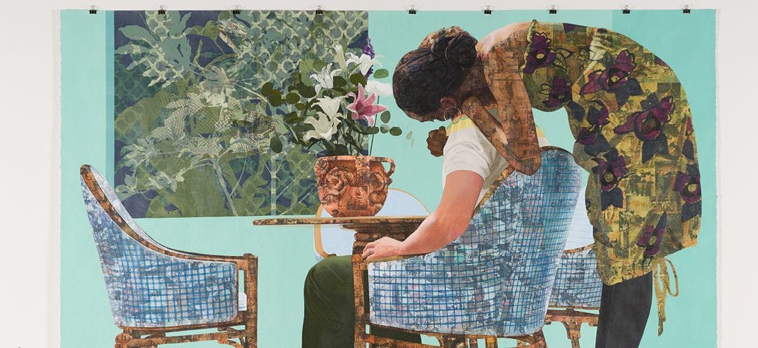 A detail from a posted by Njideka Akunyili Crosby, titled Blend in — Stand out, dated 2019.