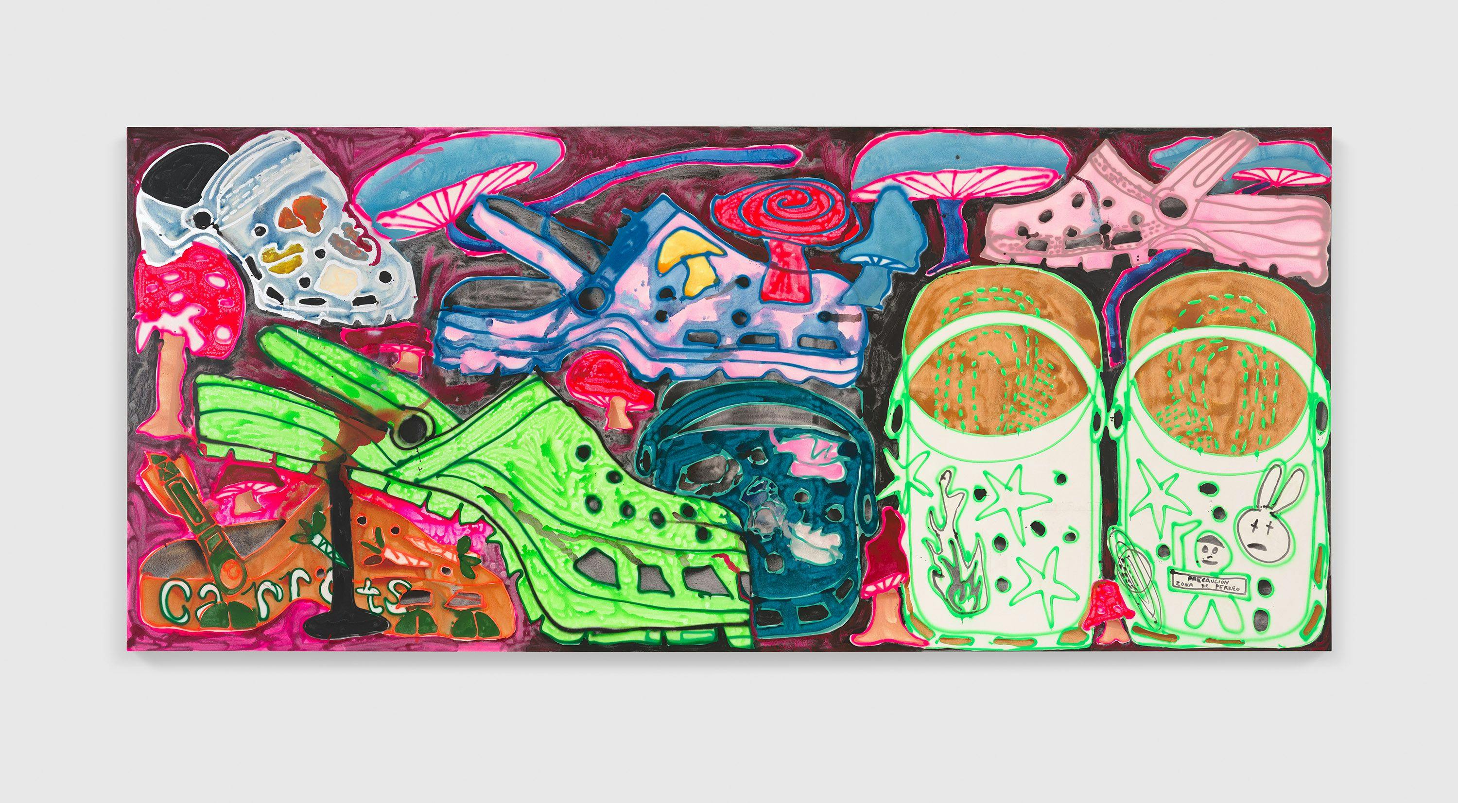 An acrylic and spray paint on canvas artwork by Katherine Bernhardt, titled Crocs World, dated 2022.