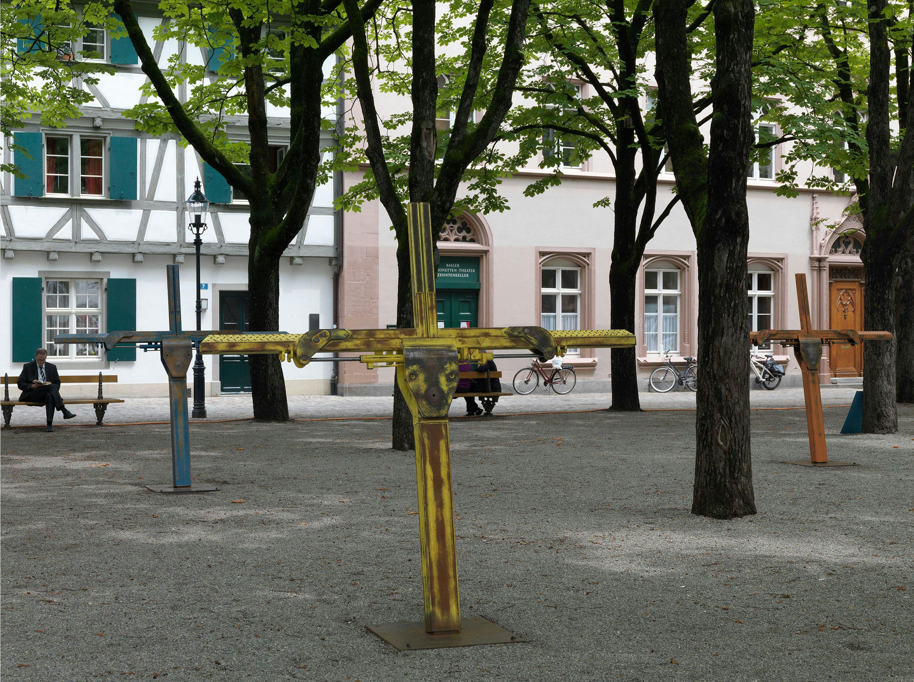 A corten steel and enamel artwork by Nate Lowman, titled Outdoor Tow Truck Installation at Basel Parcours, dated 2015.