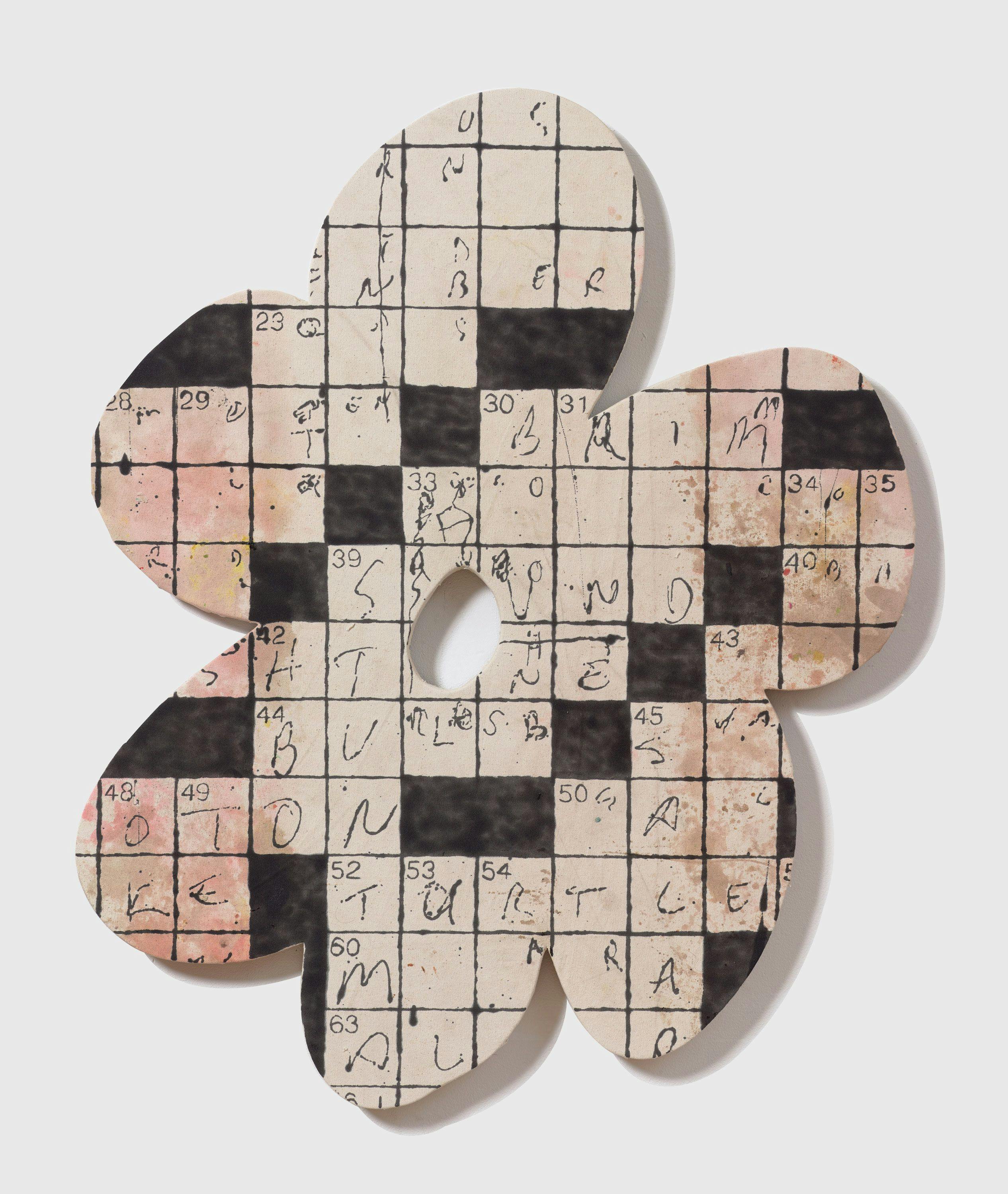 An alkyd, dirt, and sugar on canvas artwork by Nate Lowman, titled Crossword Flower, dated 2015.