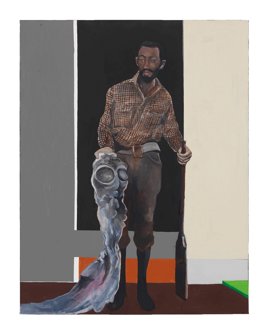 An oil painting on canvas by Noah Davis, titled Man with Alien and Shotgun, dated 2008.