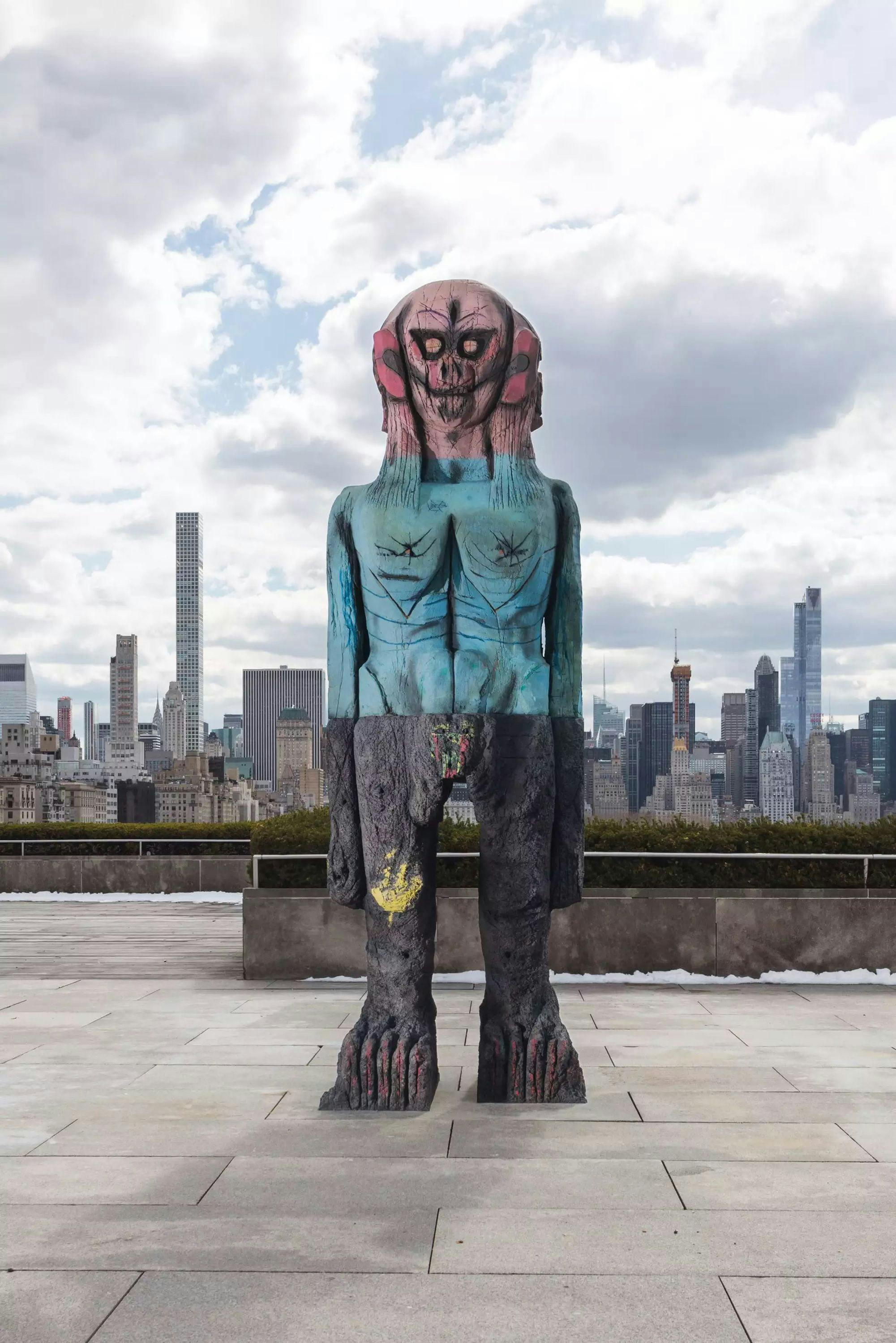 A painted and patinated bronze sculpture by Huma Bhabha, titled We Come in Peace, dated 2018.