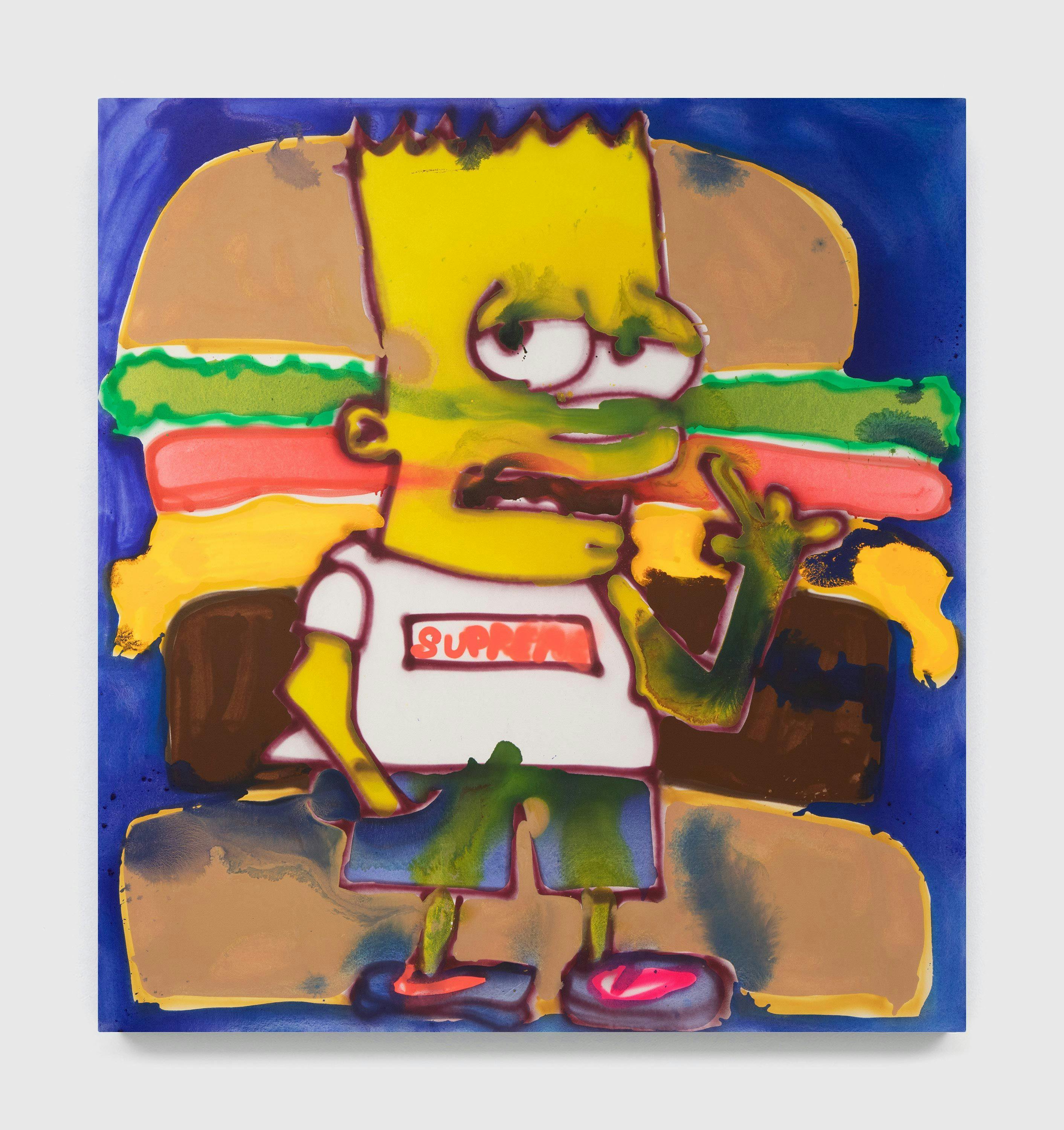 A painting by Katherine Bernhardt, titled McDonald's + Supreme, dated 2020.