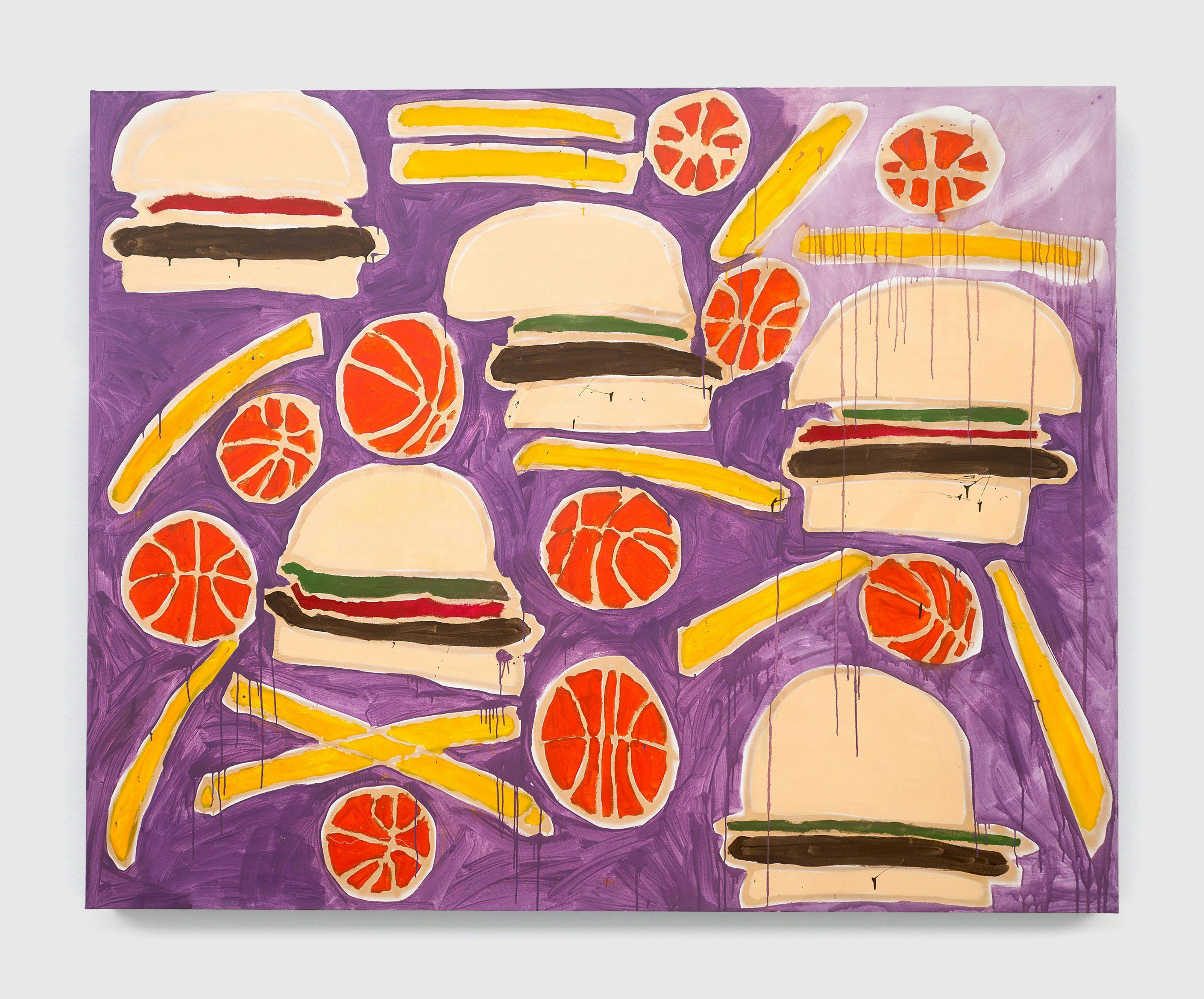 A painting by Katherine Bernhardt, titled Hamburgers + French Fries + Basketballs, dated  2013.