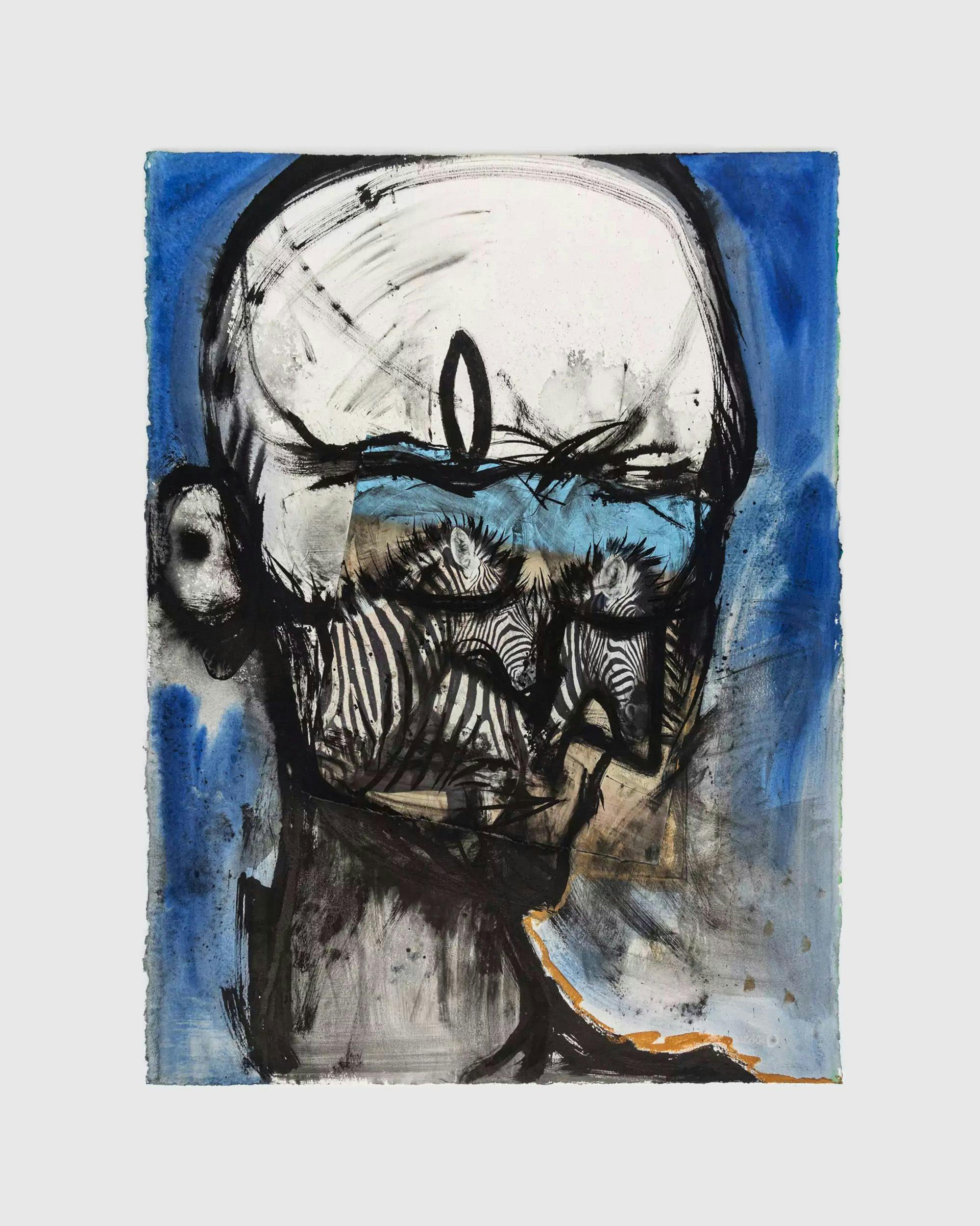An ink, acrylic, pastel, and collage on paper artwork by Huma Bhabha, titled Untitled, dated 2020.
