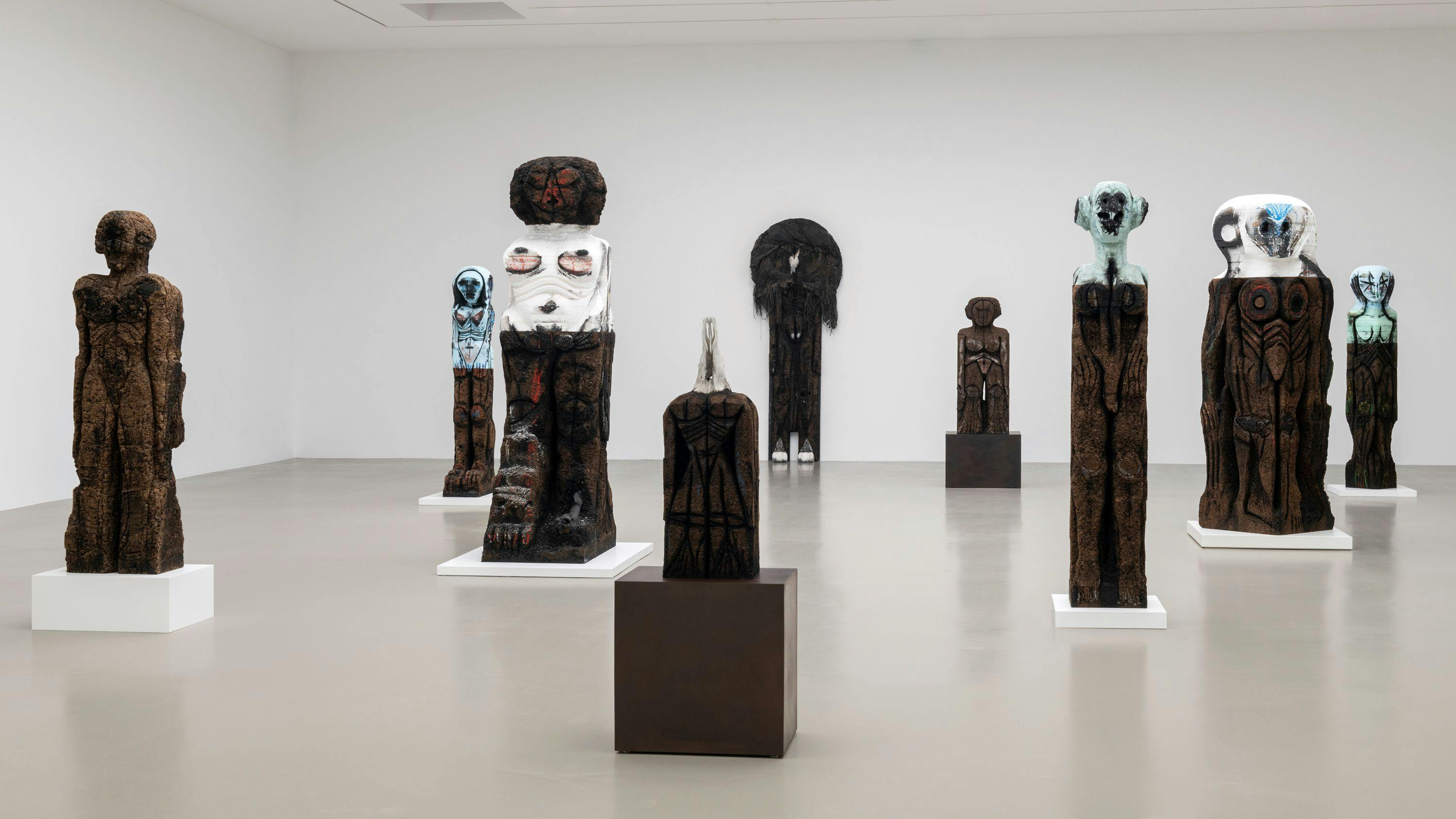 Installation view of the exhibition, titled Huma Bhabha: A Fly Appeared, and Disappeared, at MO.CO. in Montpellier, dated 2023.