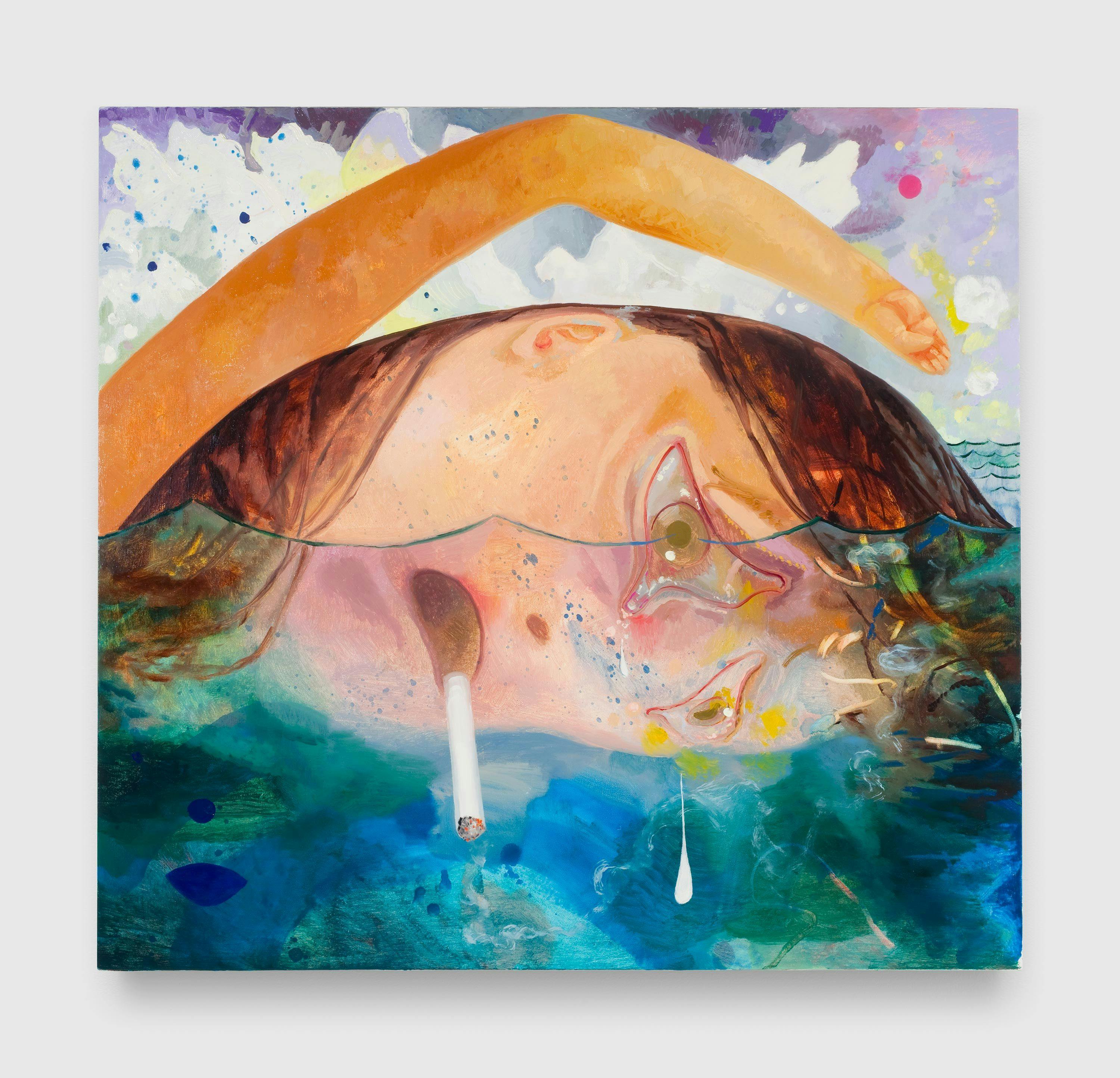 A painting by Dana Schutz, titled Swimming, Smoking, Crying, dated 2009.