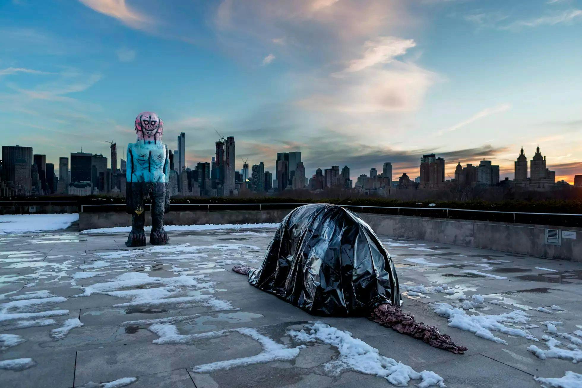 An installation view of Huma Bhabha’s rooftop commission at The Metropolitan Museum of Art