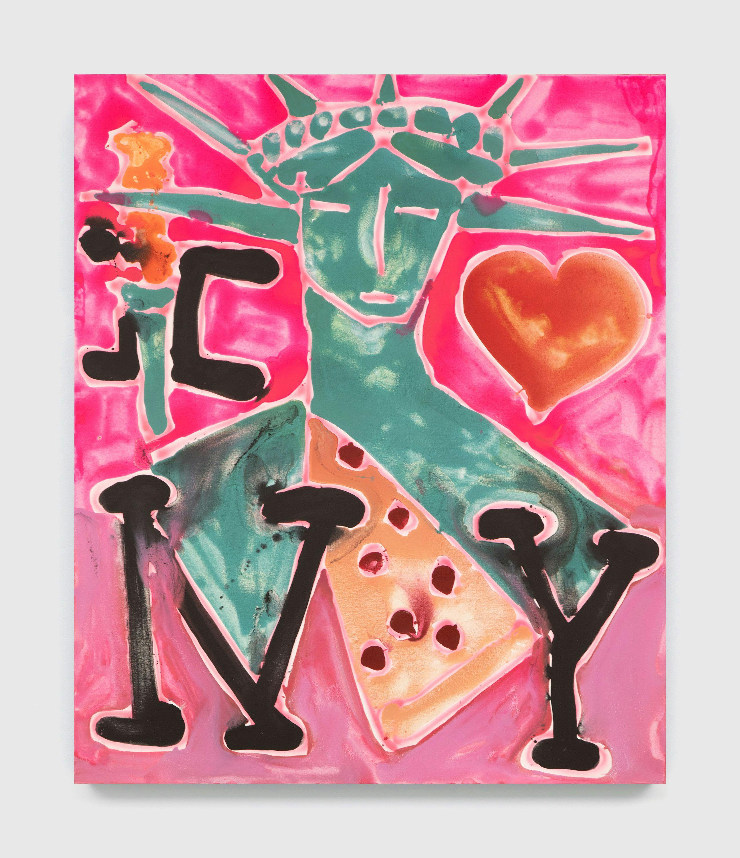 A painting by Katherine Bernhardt, titled I ❤️NY and Pizza, dated 2021.