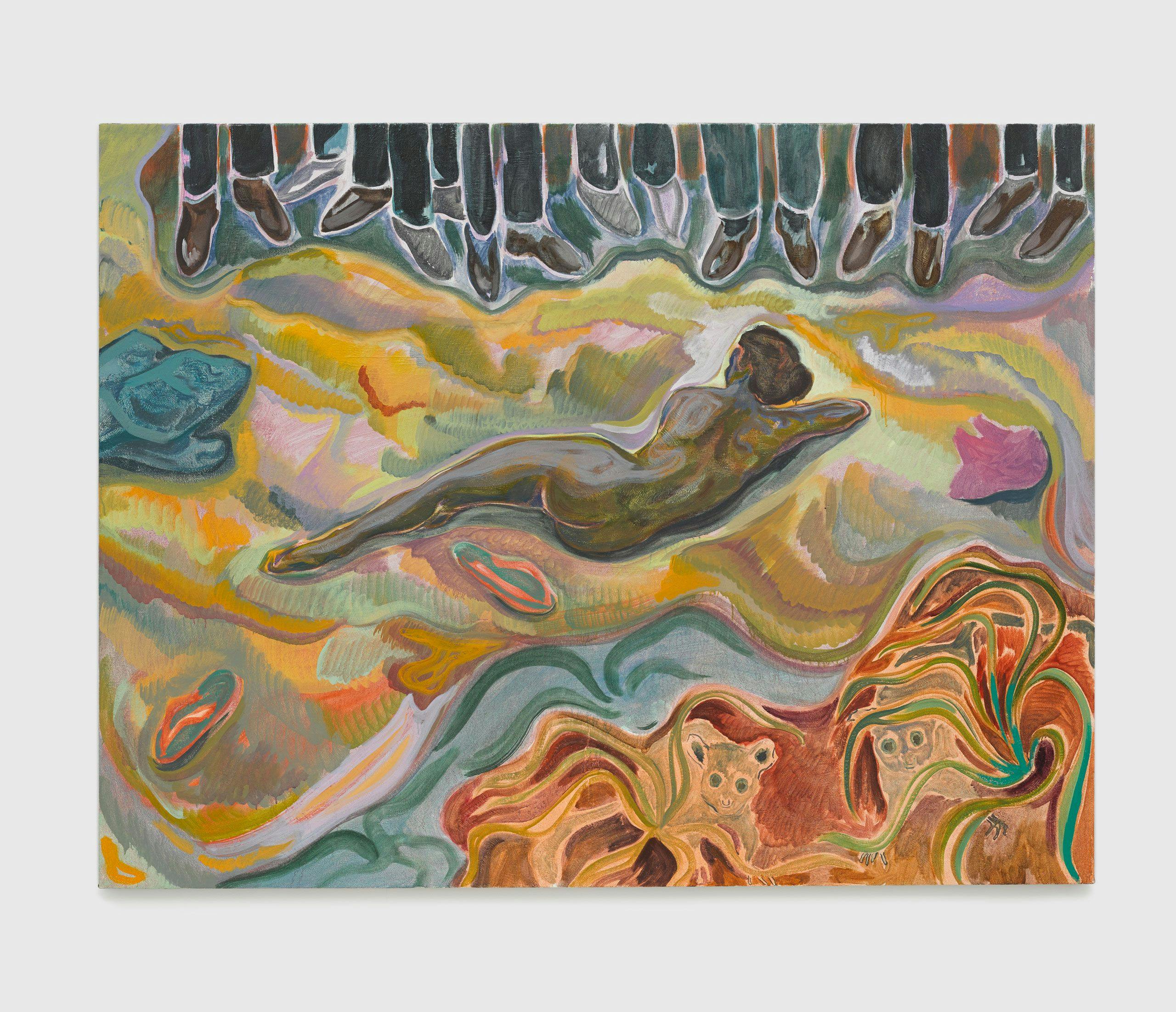 An oil on Lubugo bark cloth painting by Michael Armitage, titled #mydressmychoice, dated 2015.