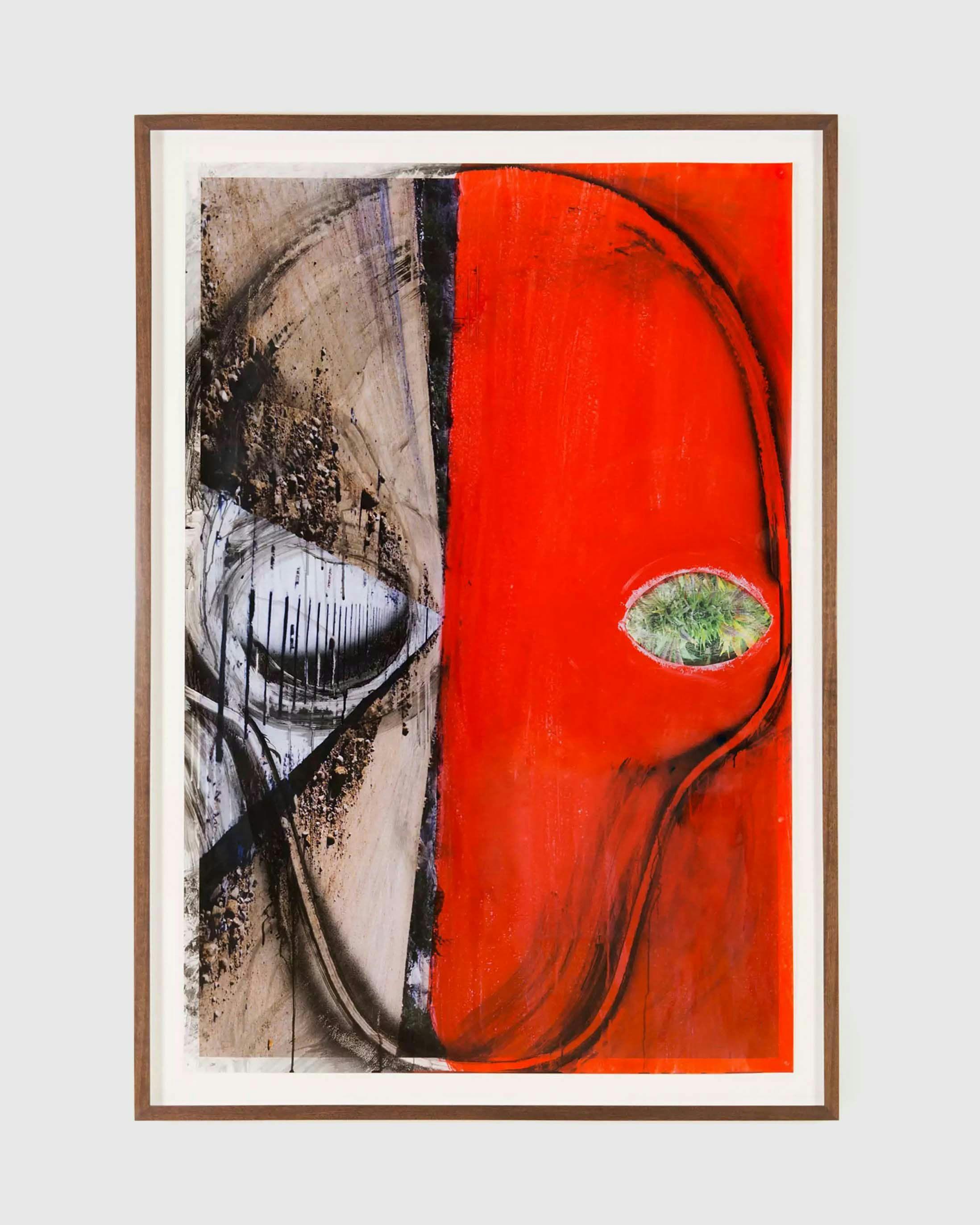 An ink, collage, and acrylic paint on color photograph artwork by Huma Bhabha, titled Untitled, dated 2017.