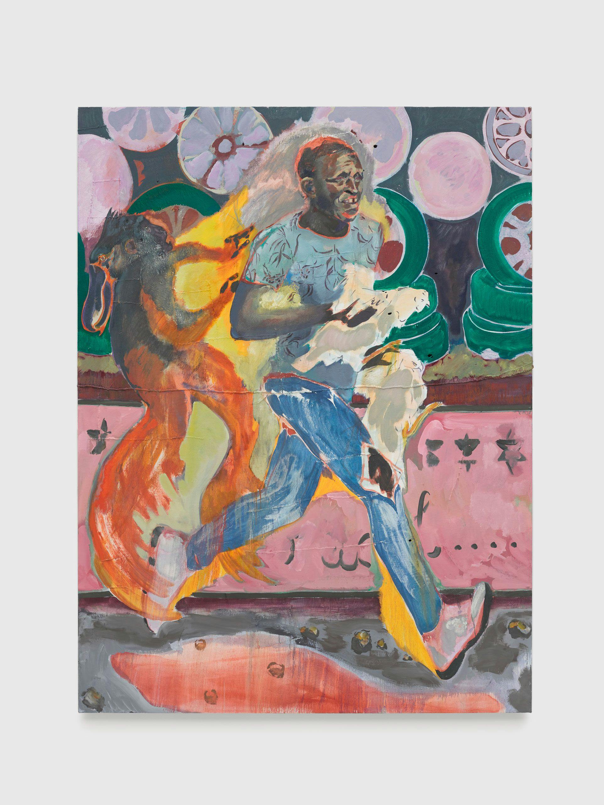 An oil on Lubugo bark cloth painting by Michael Armitage, titled The Chicken Thief, dated 2019.