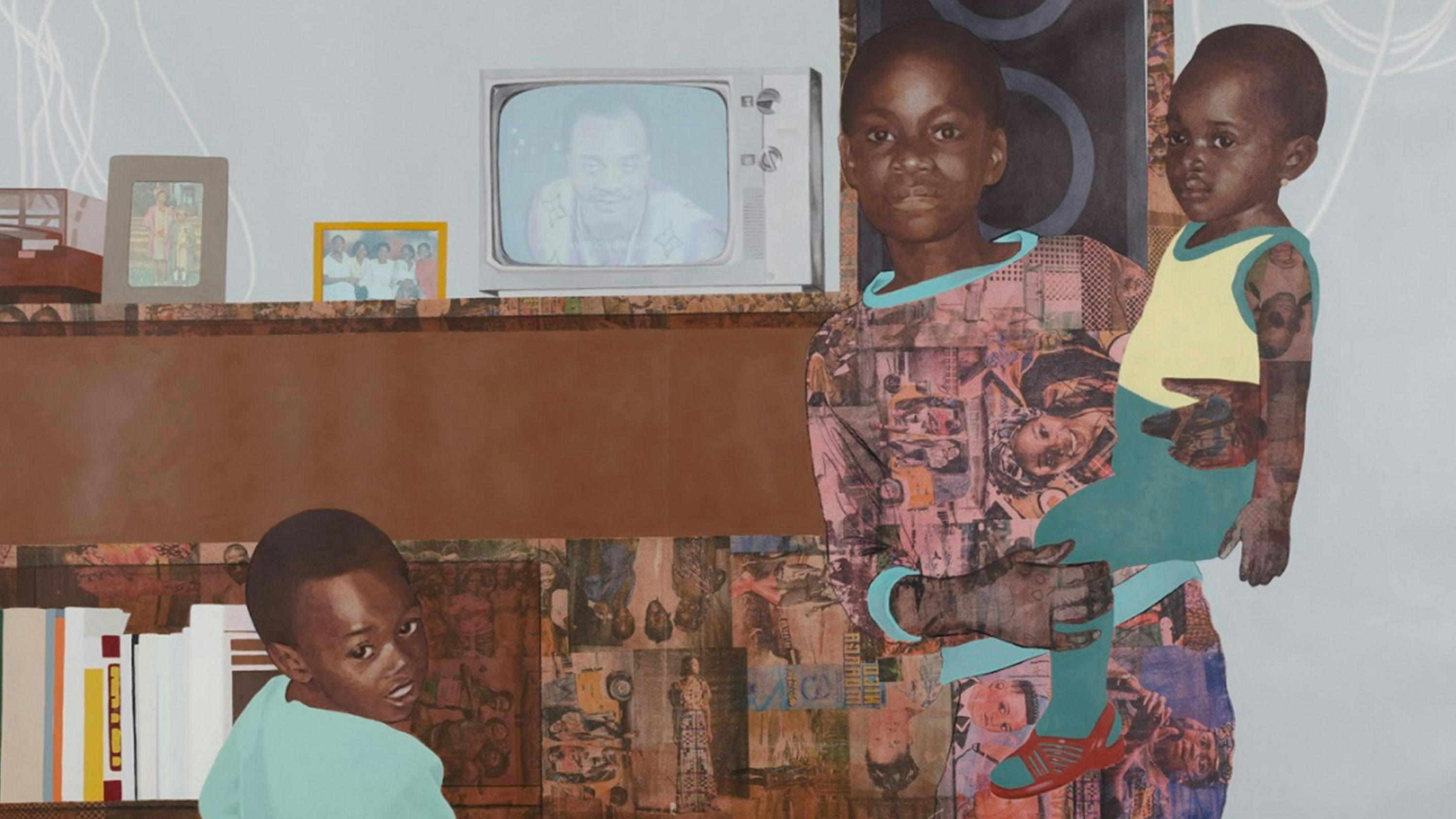 A detailed view of Njideka Akunyili Crosby’s "The Beautyful Ones" Series #9, dated 2018