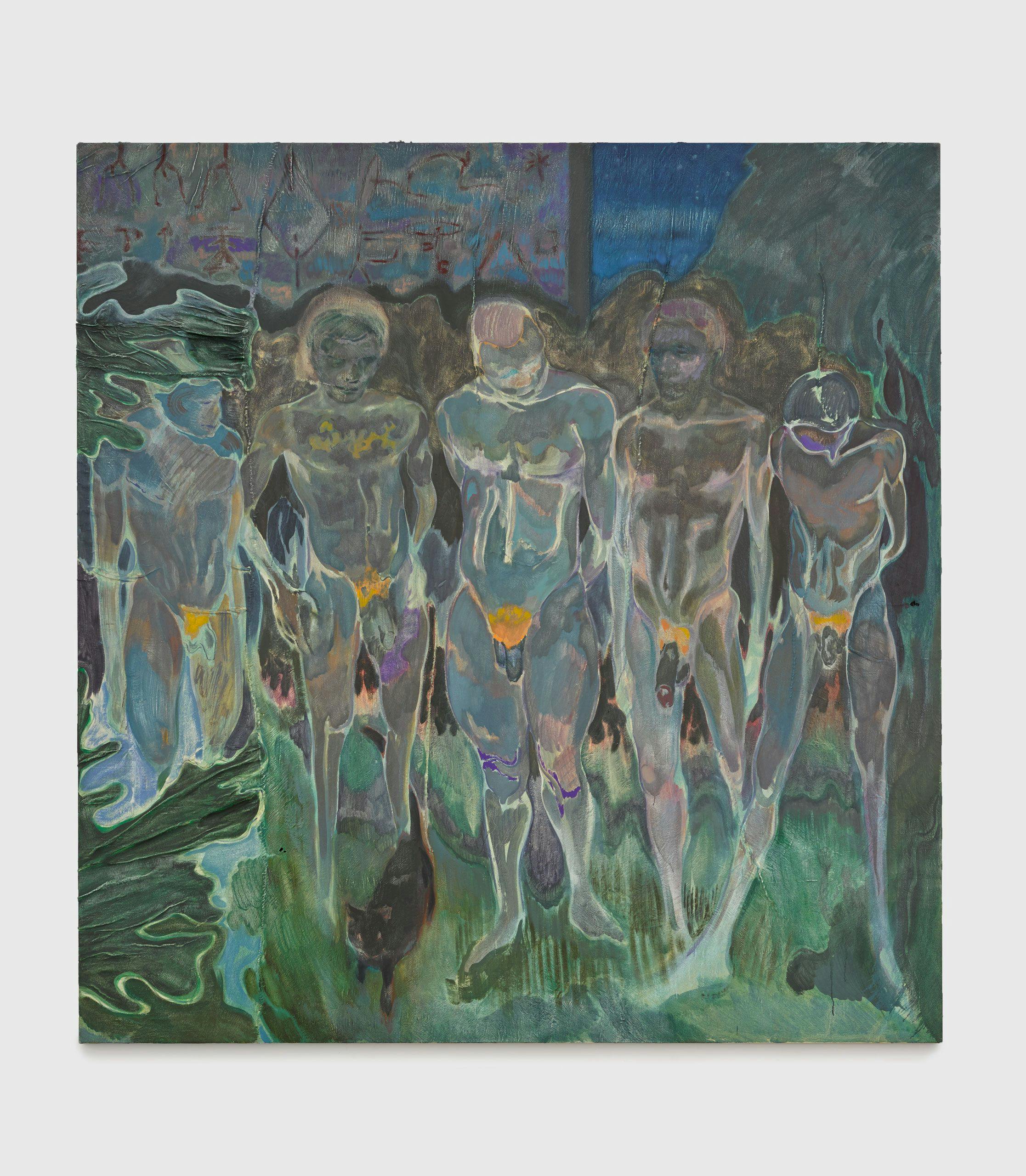 A painting by Michael Armitage, titled Nyali Beach Boys, dated 2016.