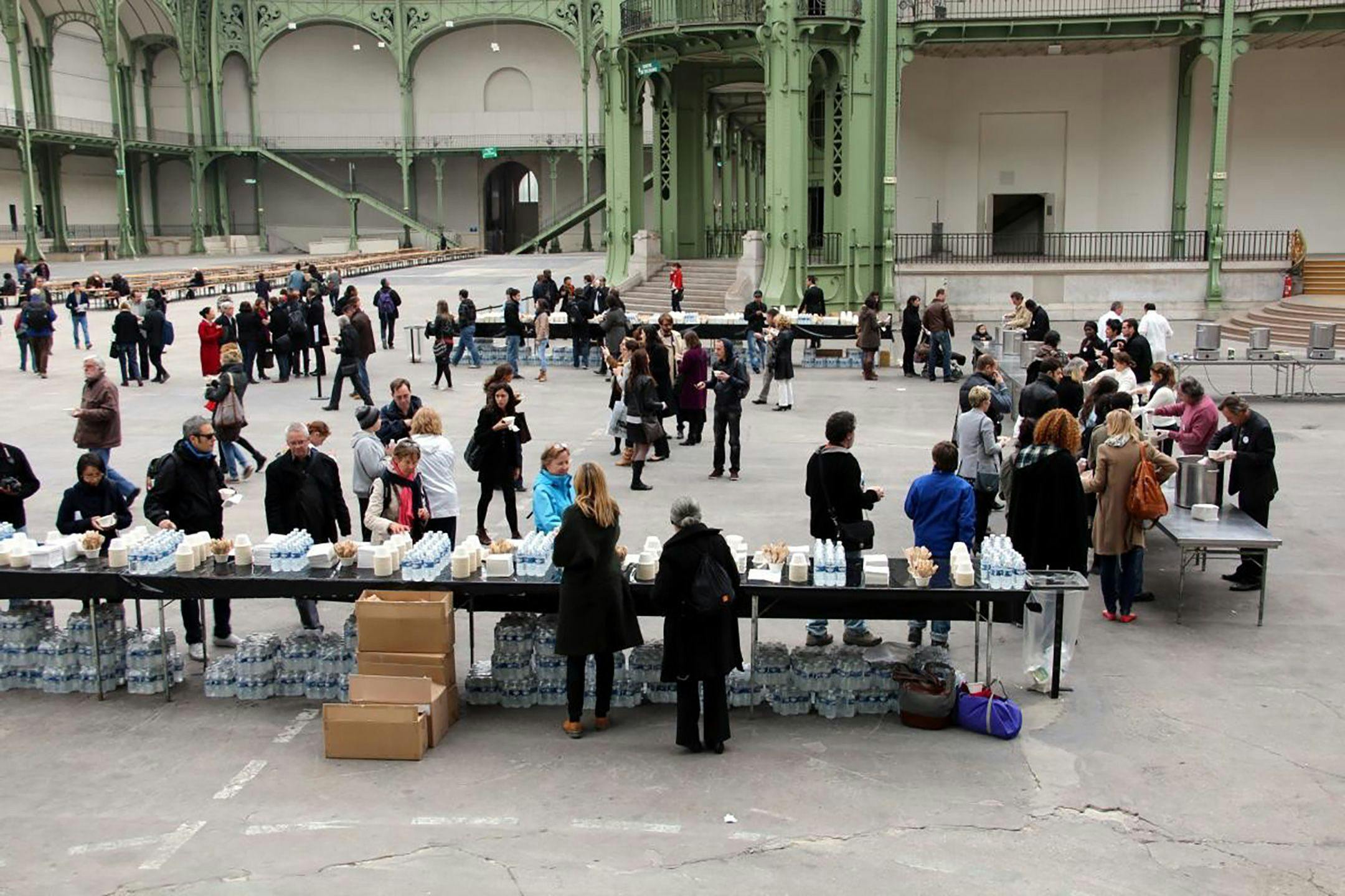 Installation view of viewers interacting within the exhibition Soup/No Soup, at the Grand Palais as part of the Paris Triennial, dated 2012.