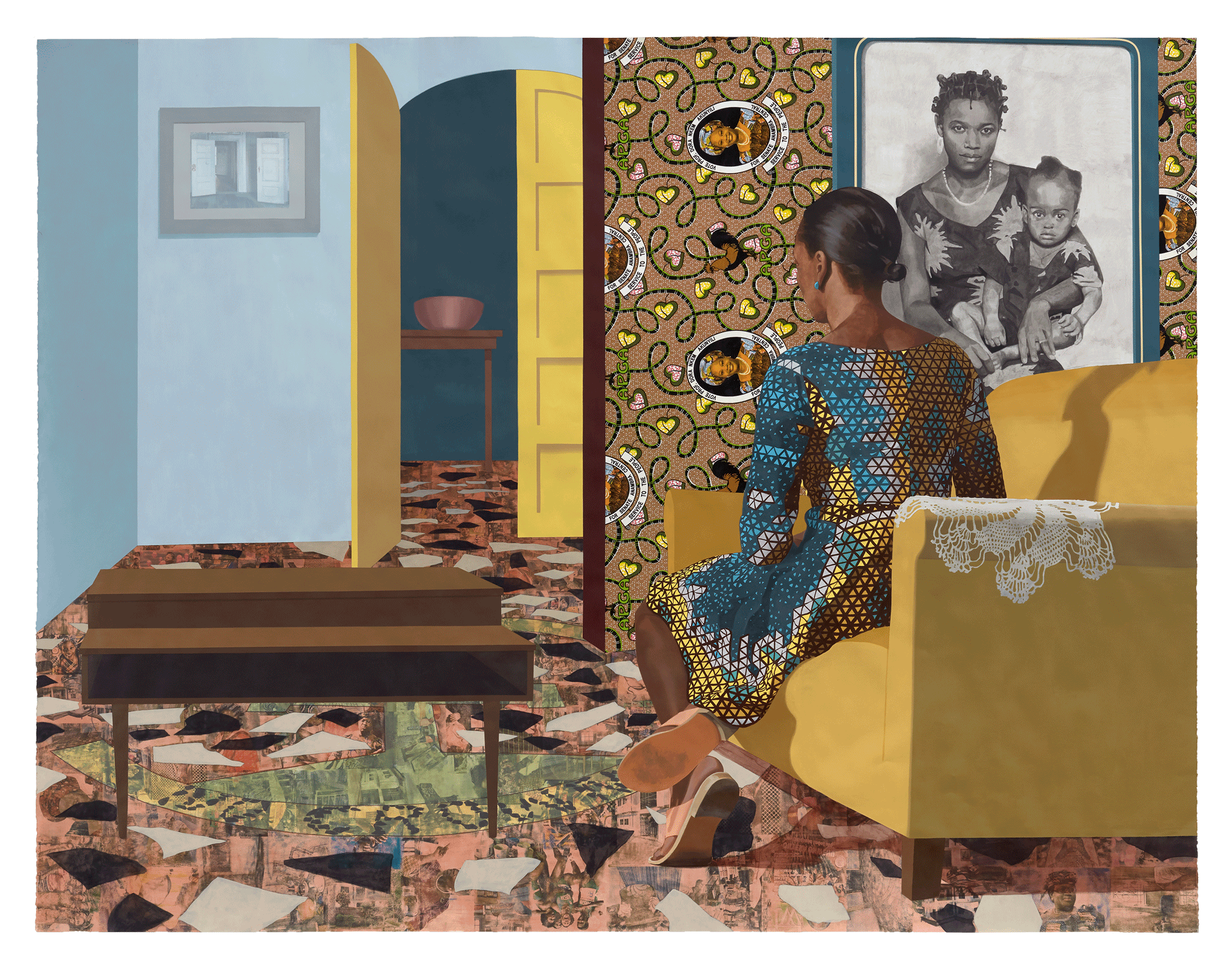 A painting by Njideka Akunyili Crosby titled Mother and Child, dated 2016.