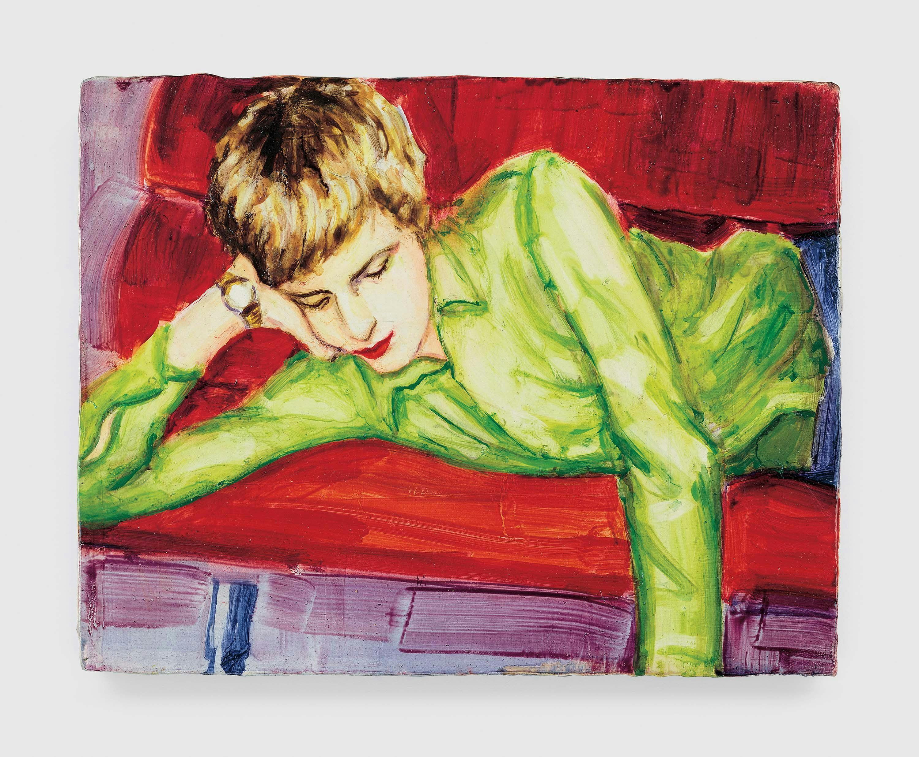 A painting by Elizabeth Peyton, titled Piotr on couch, dated 1996.