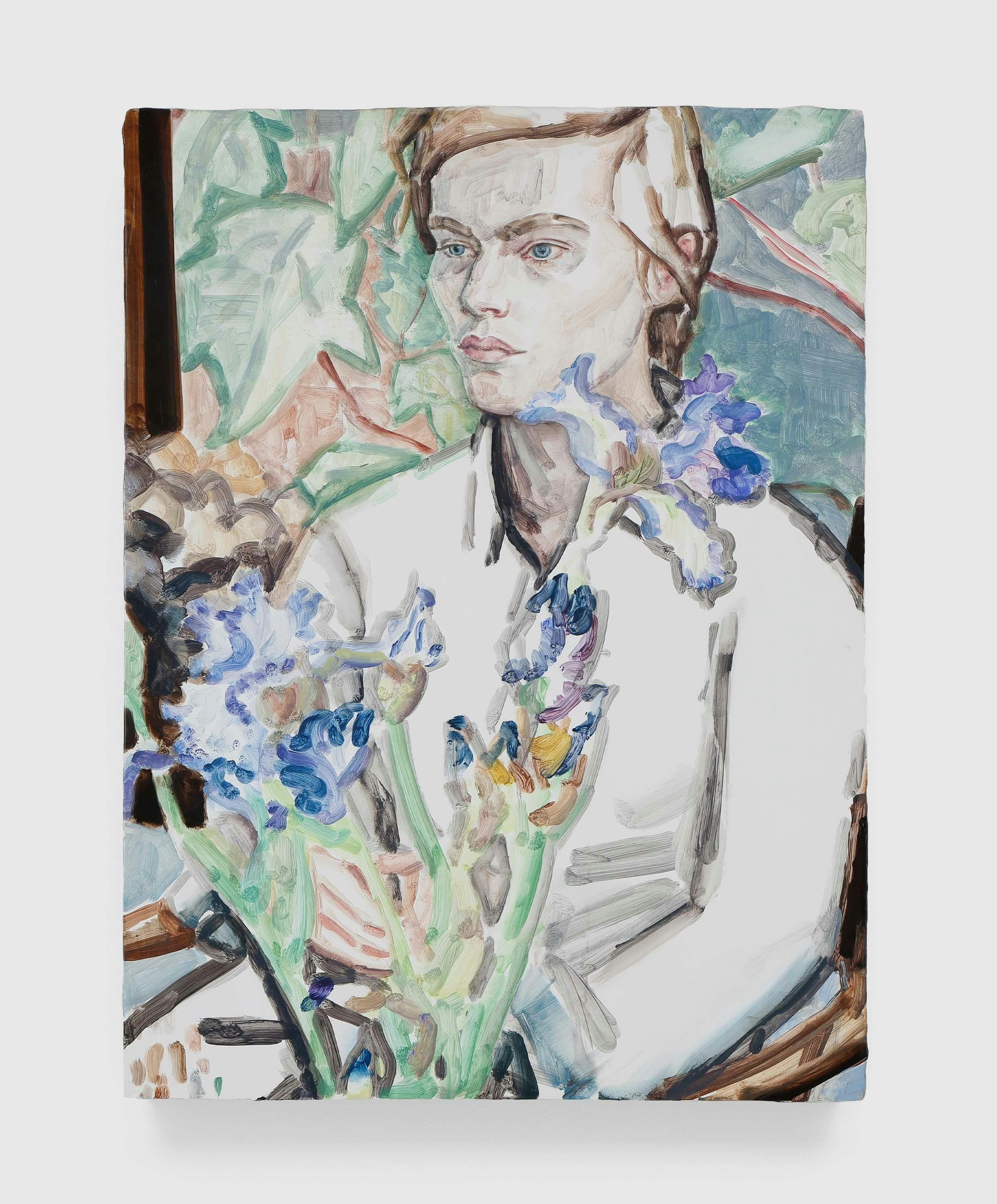 A painting by Elizabeth Peyton, titled Irises and Klara Commerce St., dated 2012.