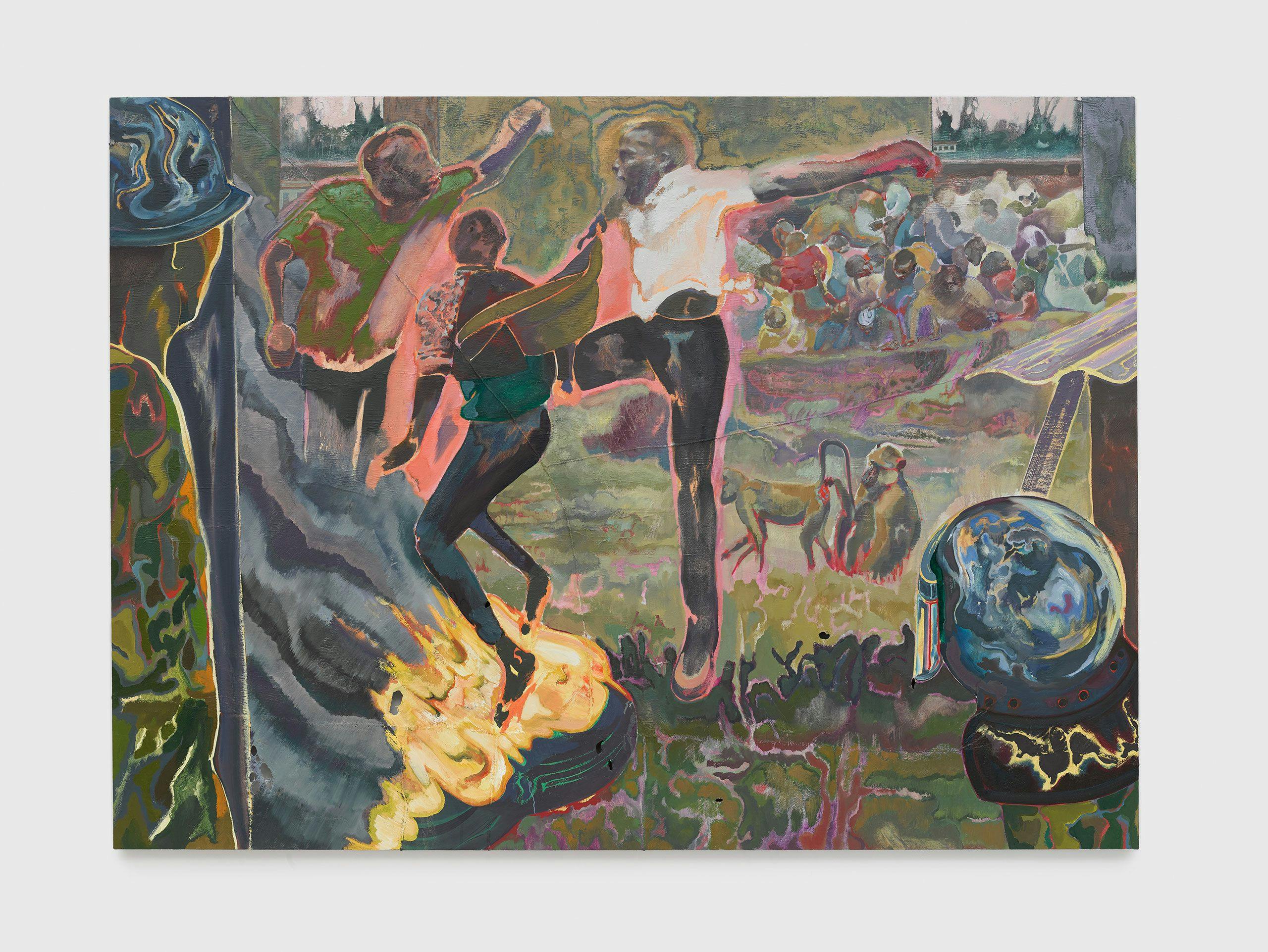 An oil on Lubugo bark cloth by Michael Armitage, titled The Accomplice, dated 2019.