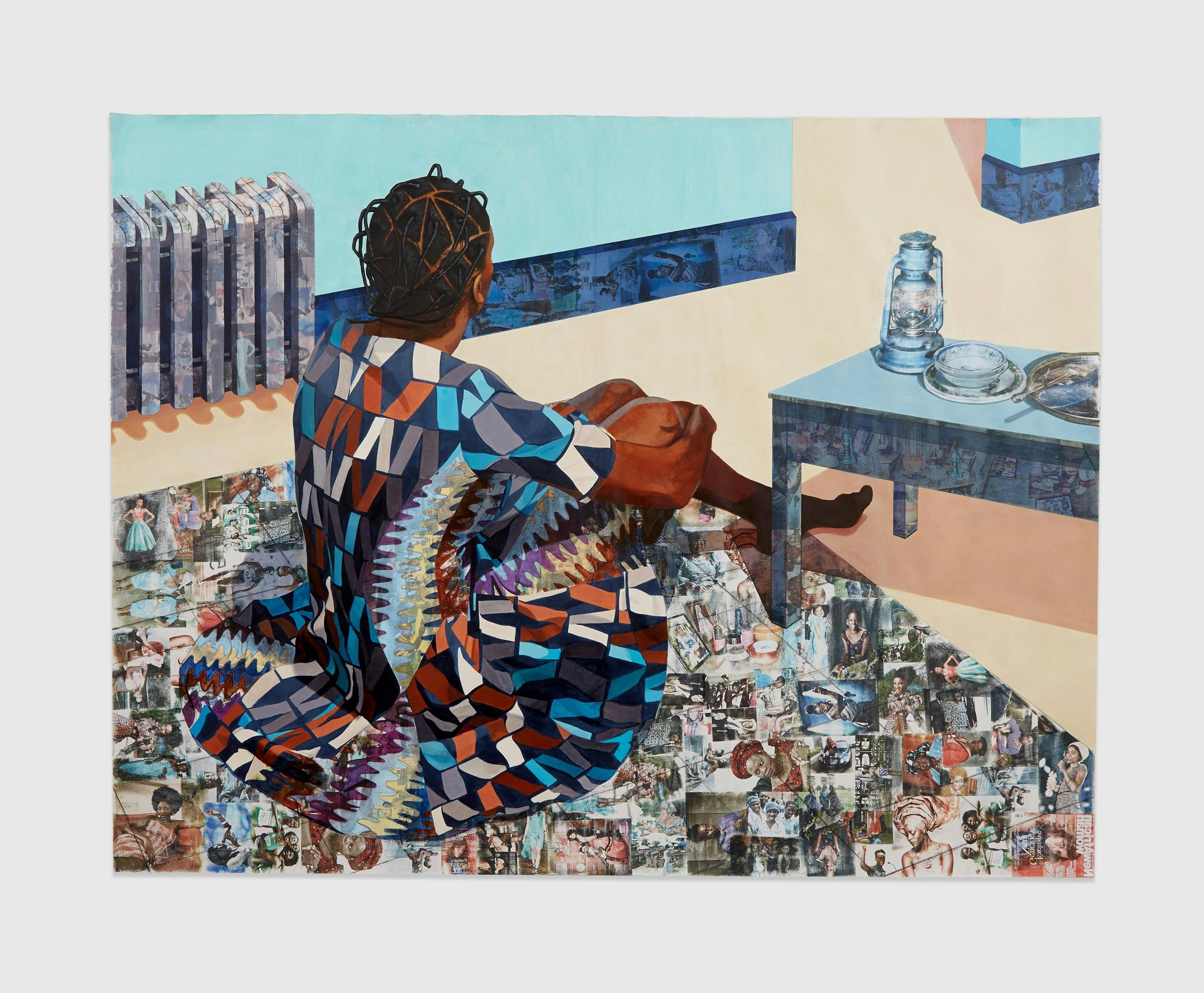 A mixed media by Njideka Akunyili Crosby, titled “The Beautyful Ones Are Not Yet Born” Might Not Hold True For Much Longer, dated 2013.