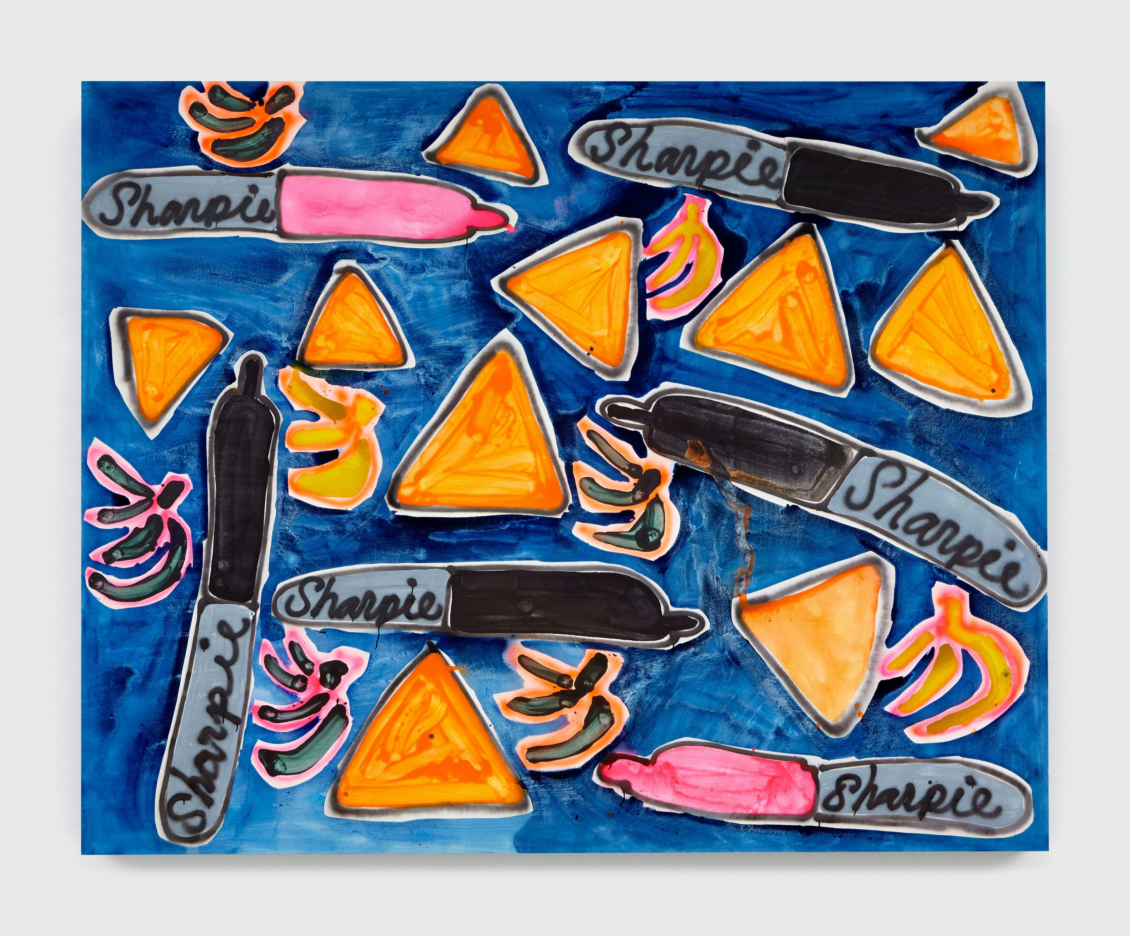 A painting by Katherine Bernhardt, titled Plantains + Bananas + Doritos + Sharpies, dated 2015.