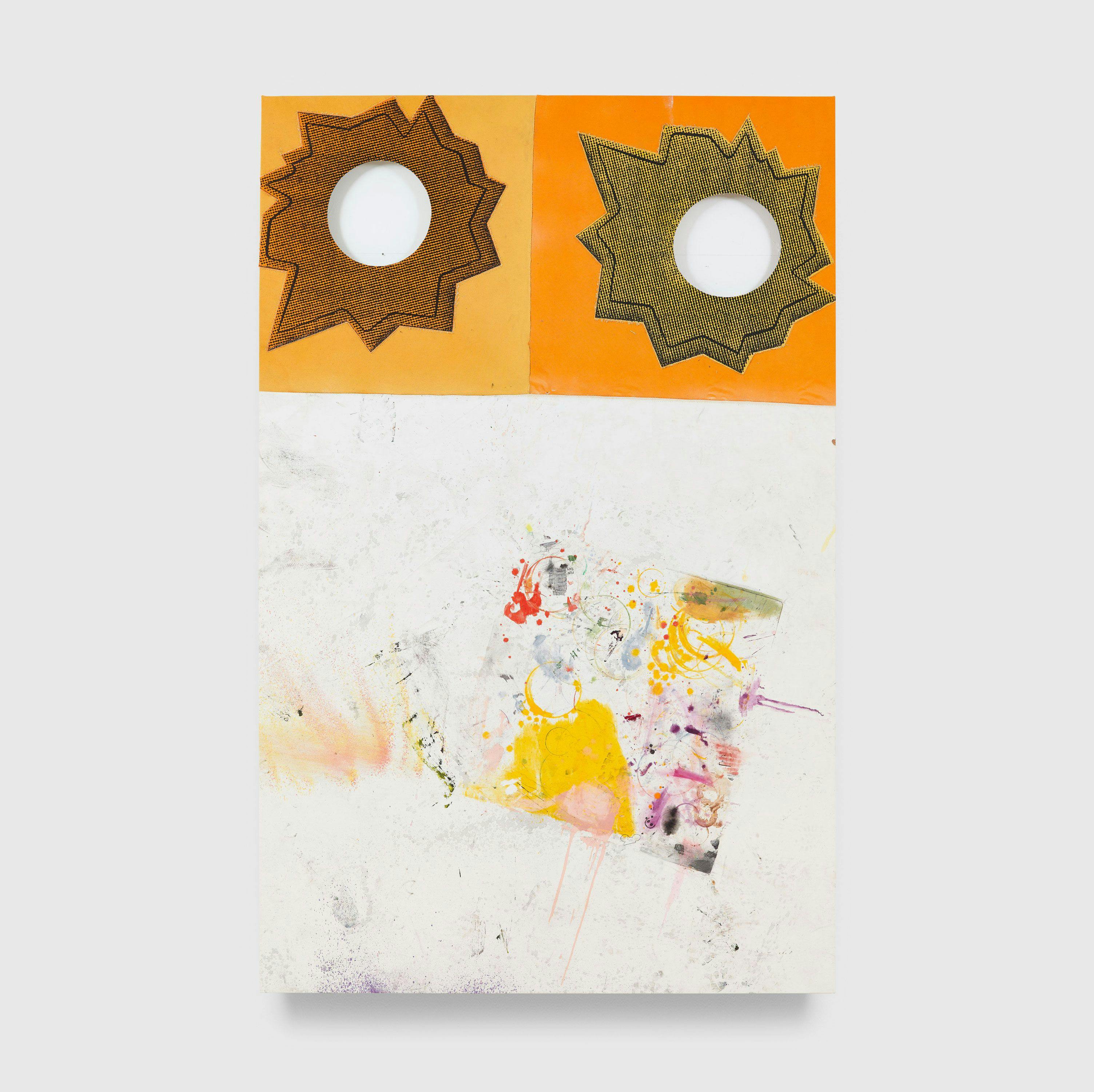 An oil, silkscreen ink, and dental floss on canvas artwork by Nate Lowman, titled Untitled, dated 2013.