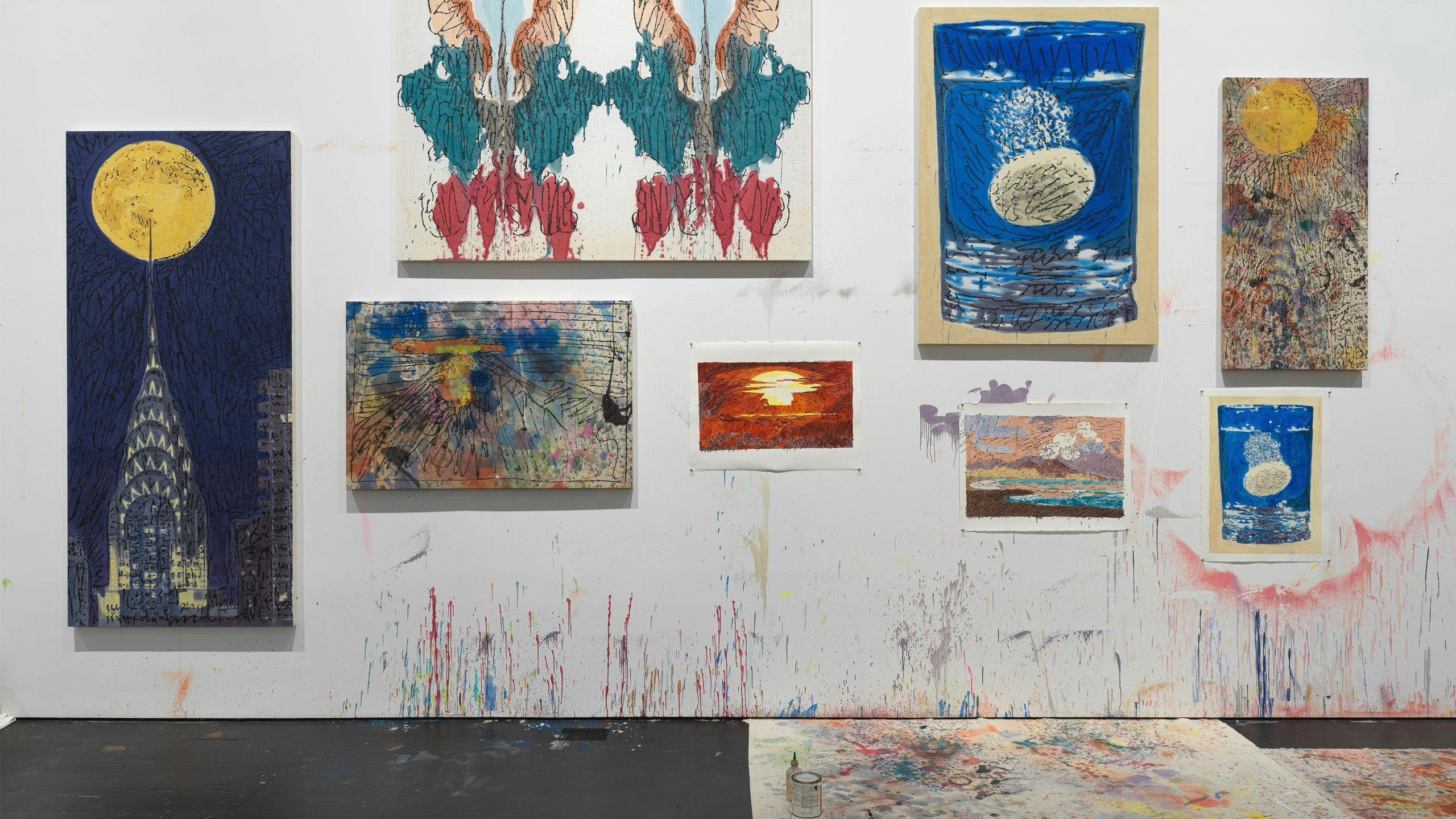 An image of Nate Lowman’s studio wall featuring paintings and works on paper that illustrate a new direction for the artist. Photo by Jeffrey Sturges