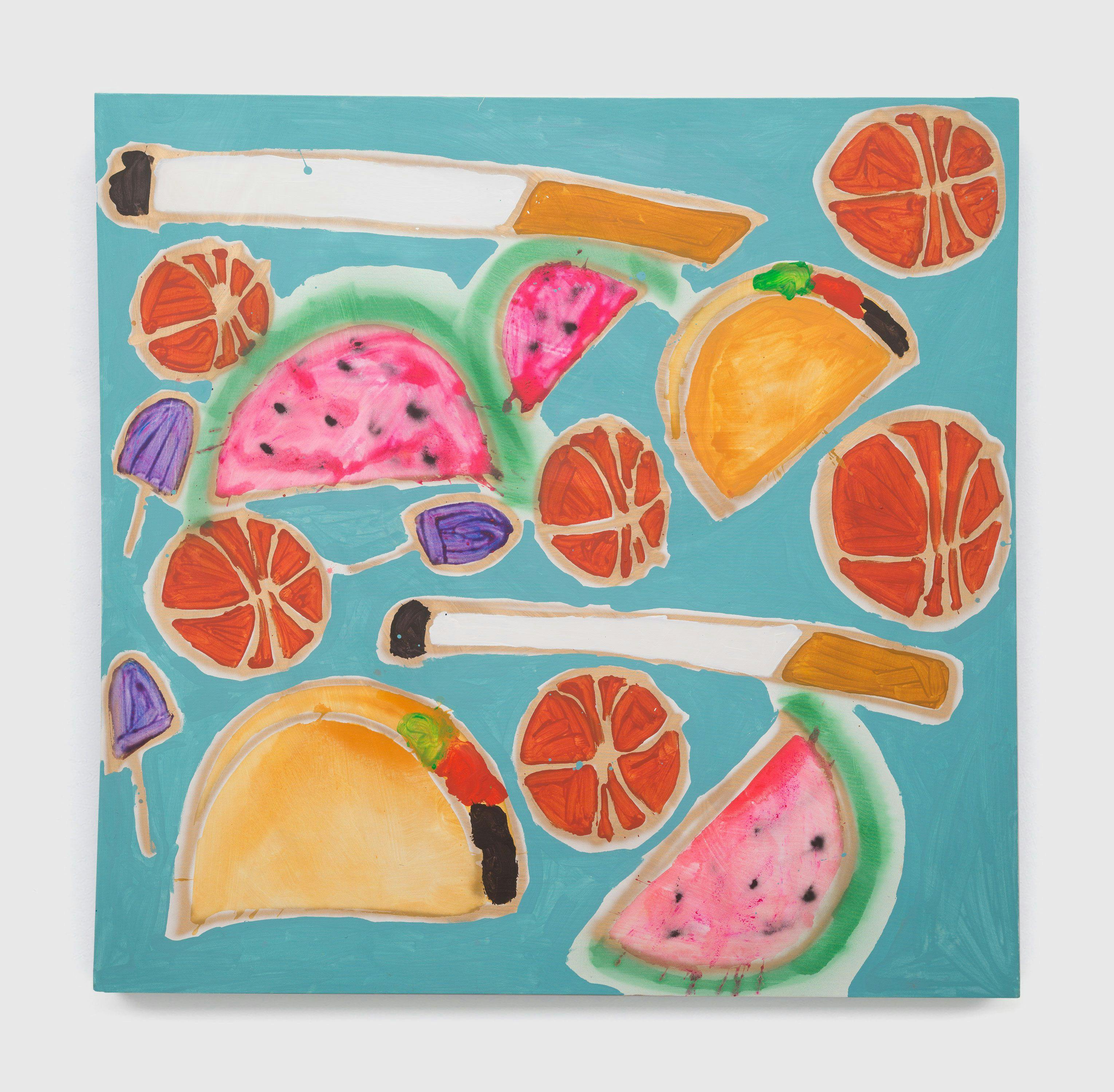 A painting by Katherine Bernhardt, titled Tropical Fruit Salad, dated 2014.