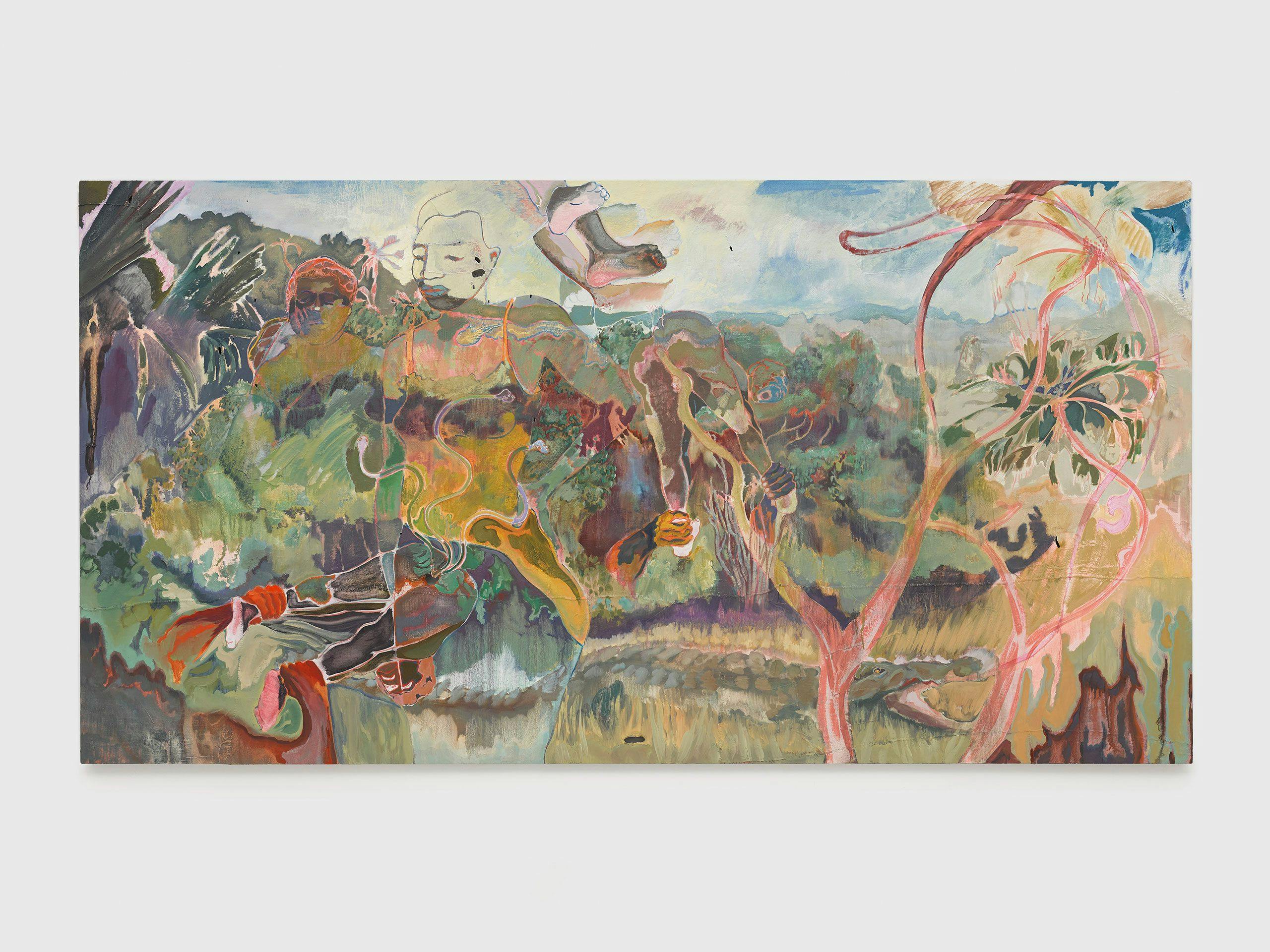 An oil on Lubugo bark cloth painting by Michael Armitage, titled The Paradise Edict, dated 2019.