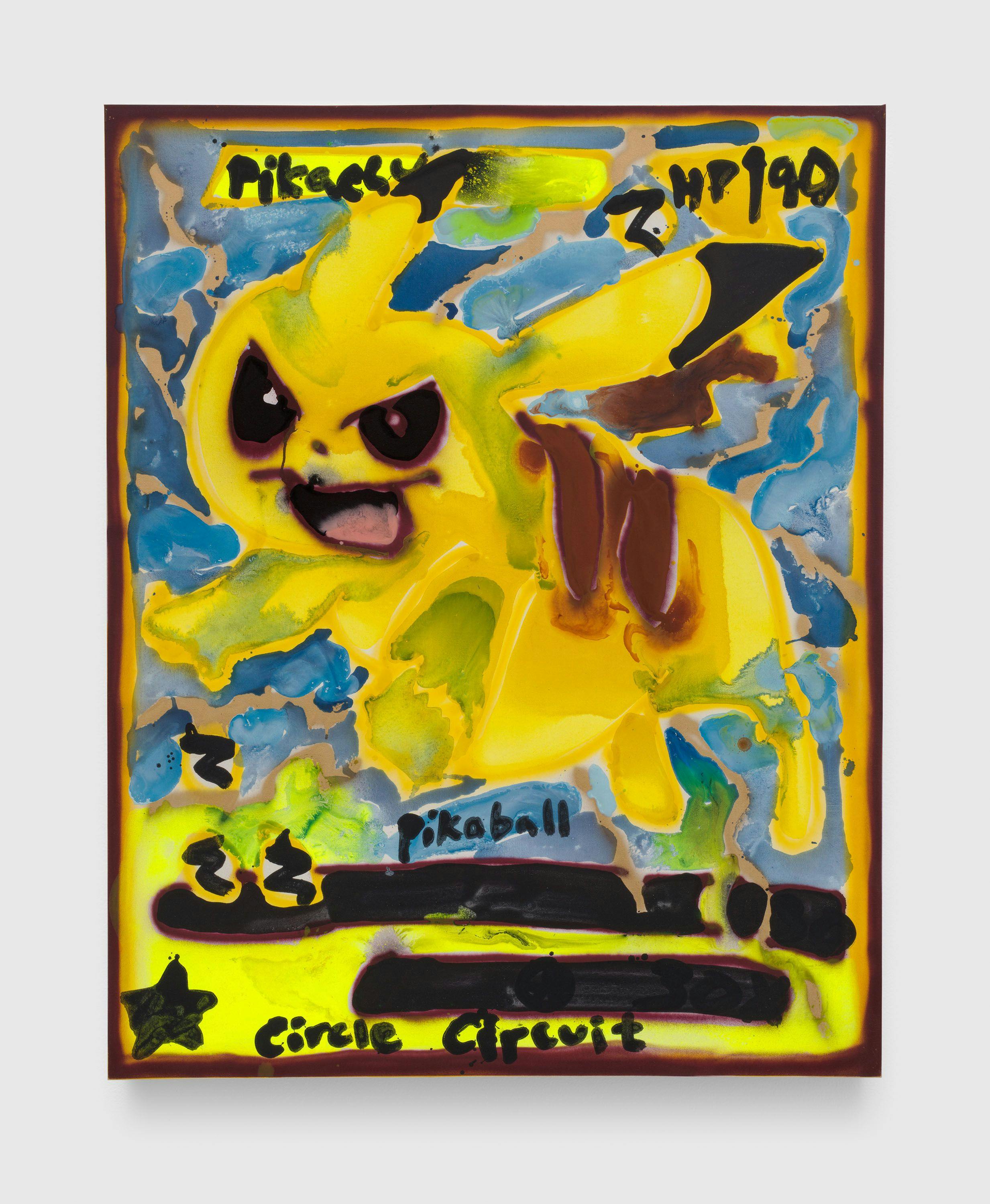 A painting by Katherine Bernhardt, titled Pikachu Pikaball, dated 2021.