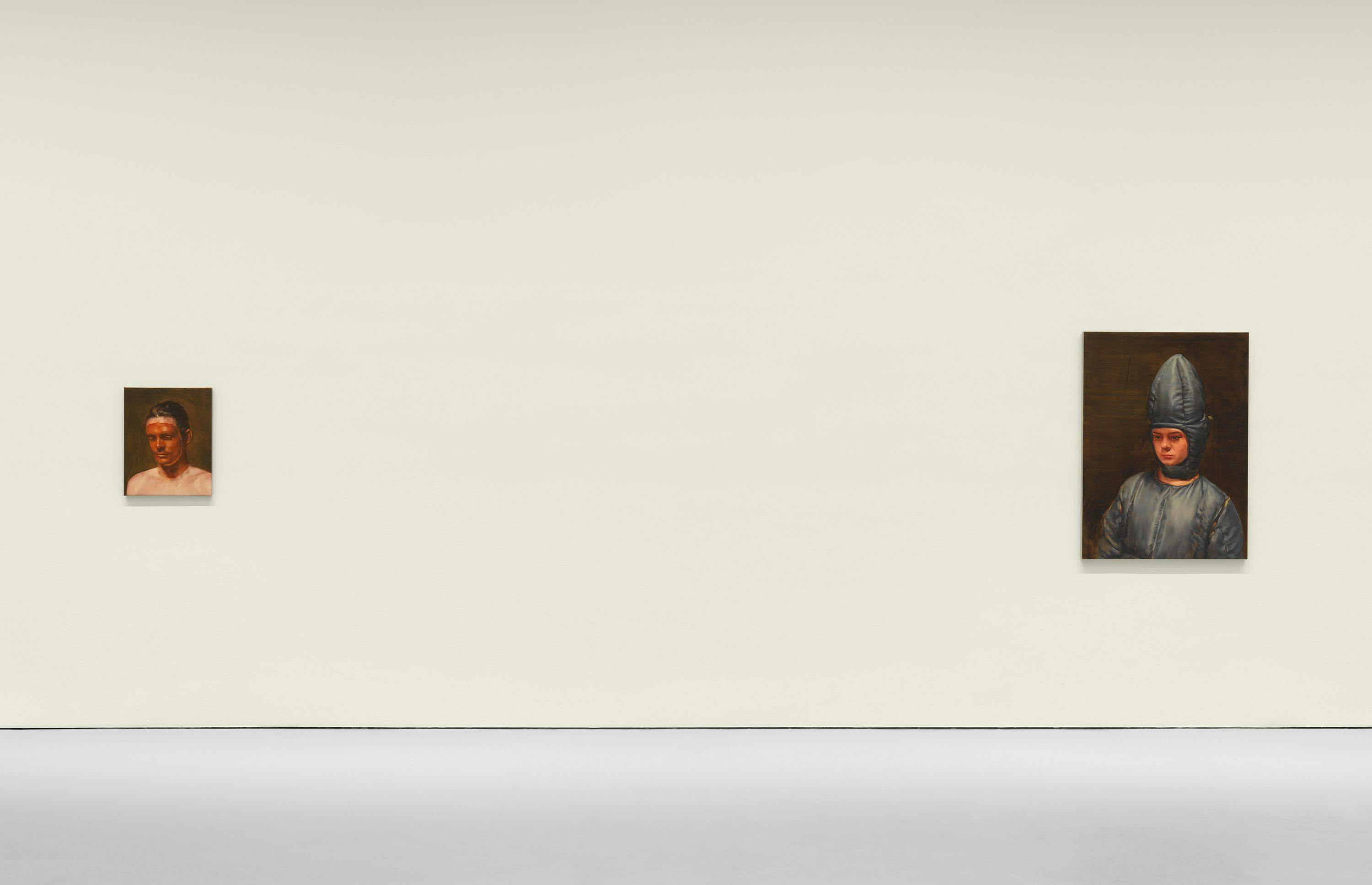 An installation view of the exhibition, Michaël Borremans: The Acrobat, at David Zwirner in New York, dated 2022.