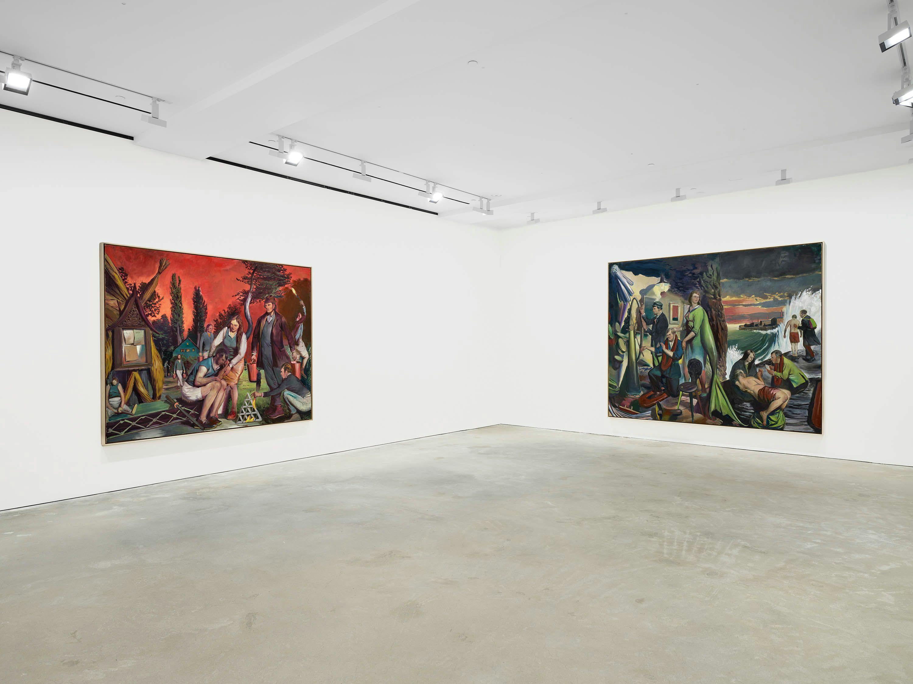 An installation view of the exhibition, Neo Rauch: Field Signs, at David Zwirner in Hong Kong, dated 2023.