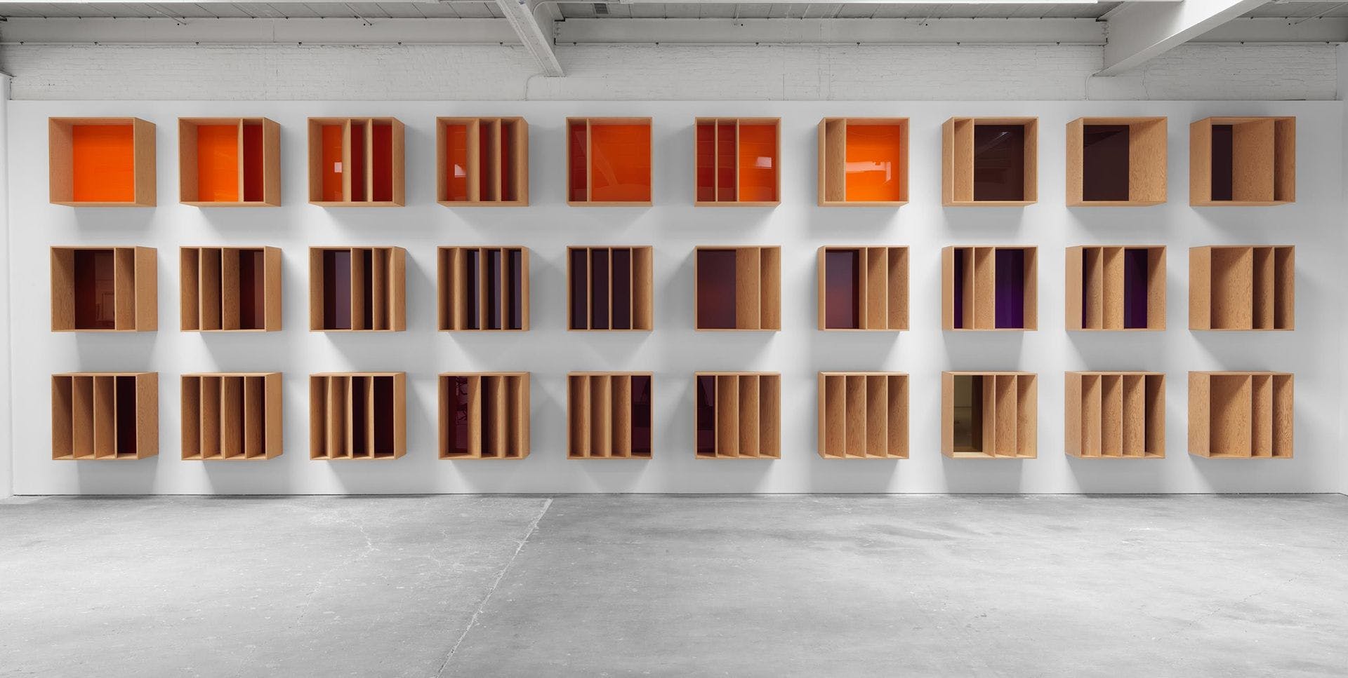 An installation view of an exhibition titled Donald Judd Artworks: 1970–1994, at David Zwirner, New York, in 2020.