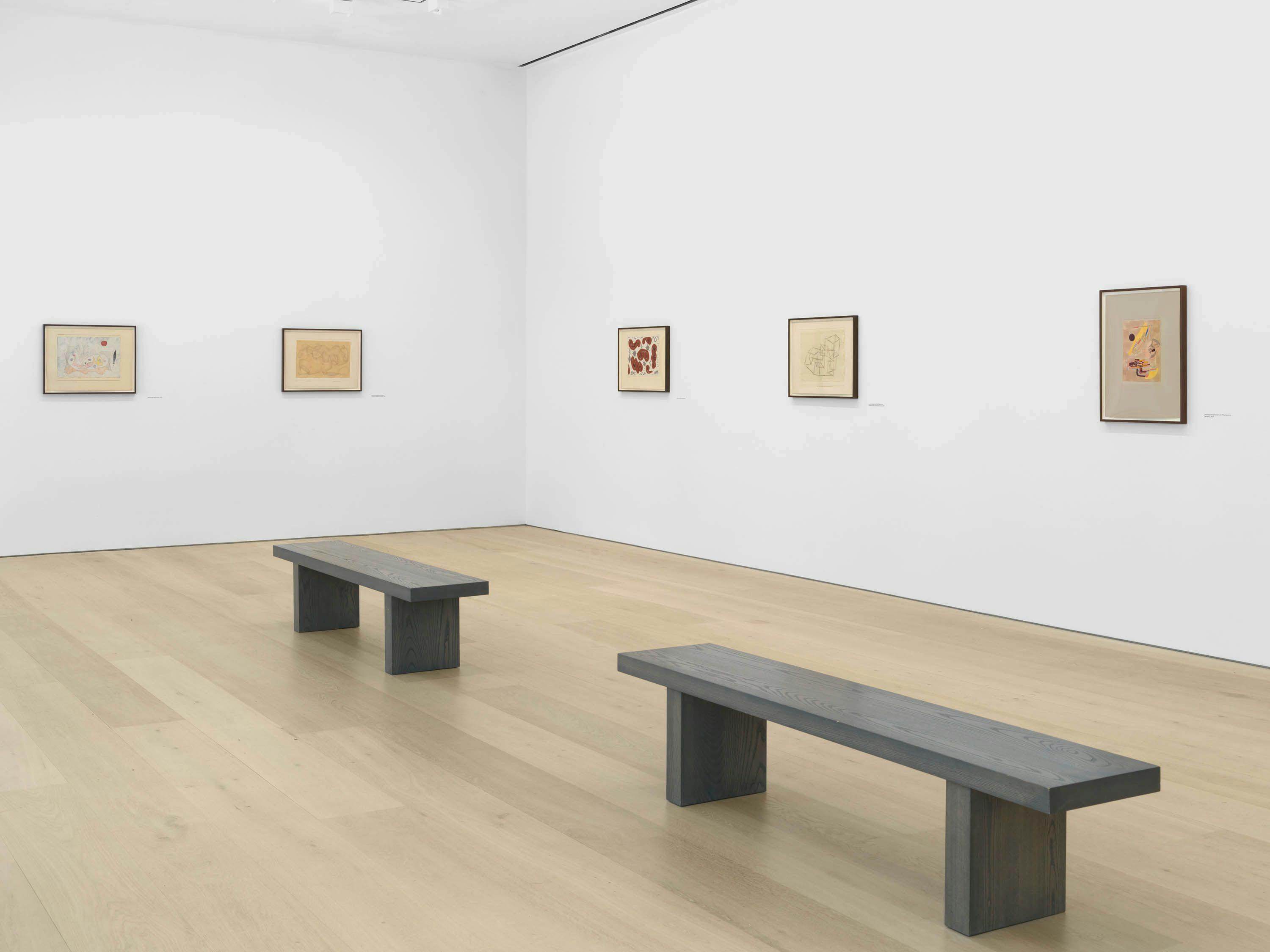 An installation view of works on paper by Paul Klee at David Zwirner in New York