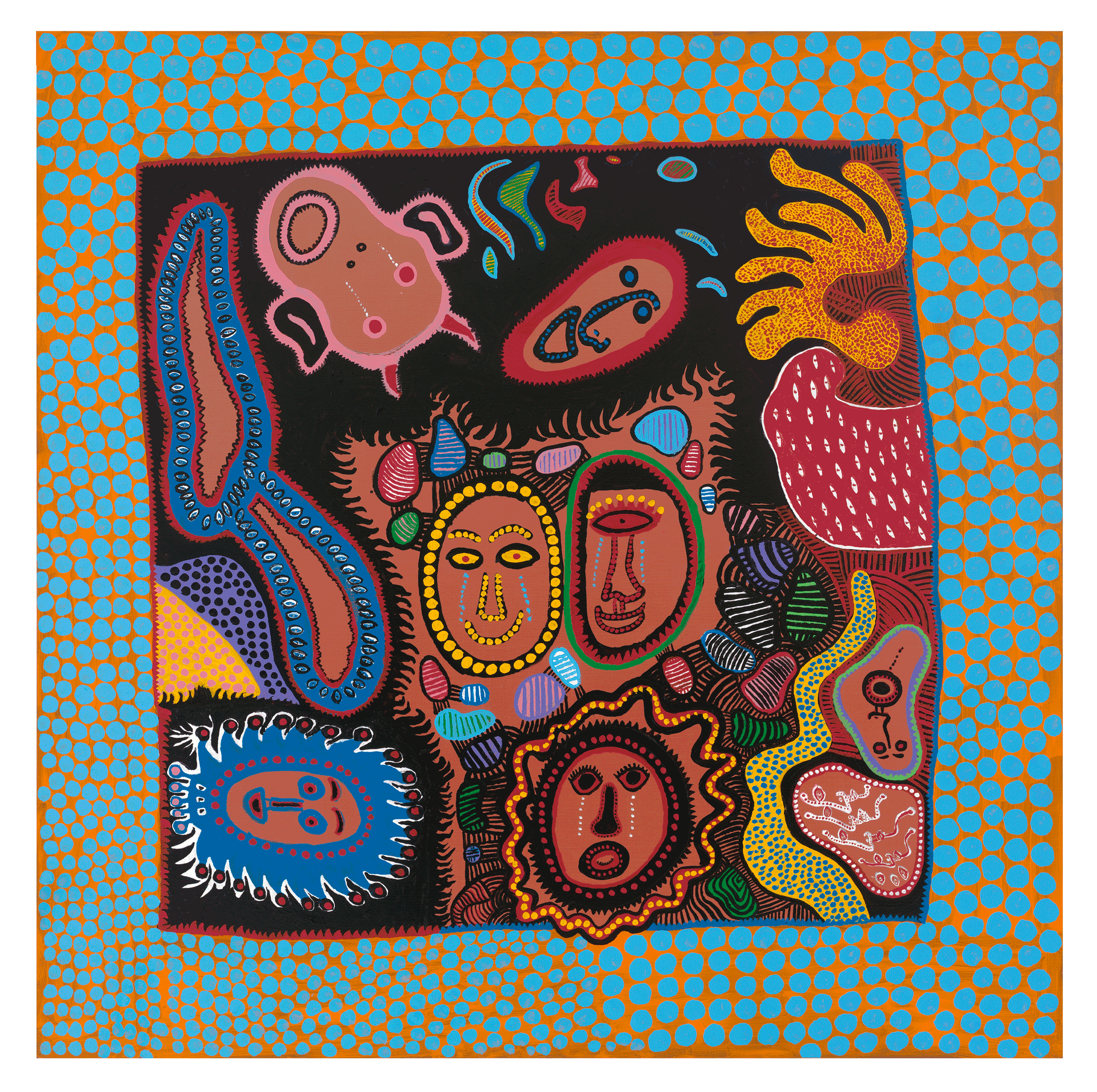 A painting by Yayoi Kusama, titled I WHO CRY IN THE FLOWERING SEASON, dated 2015.
