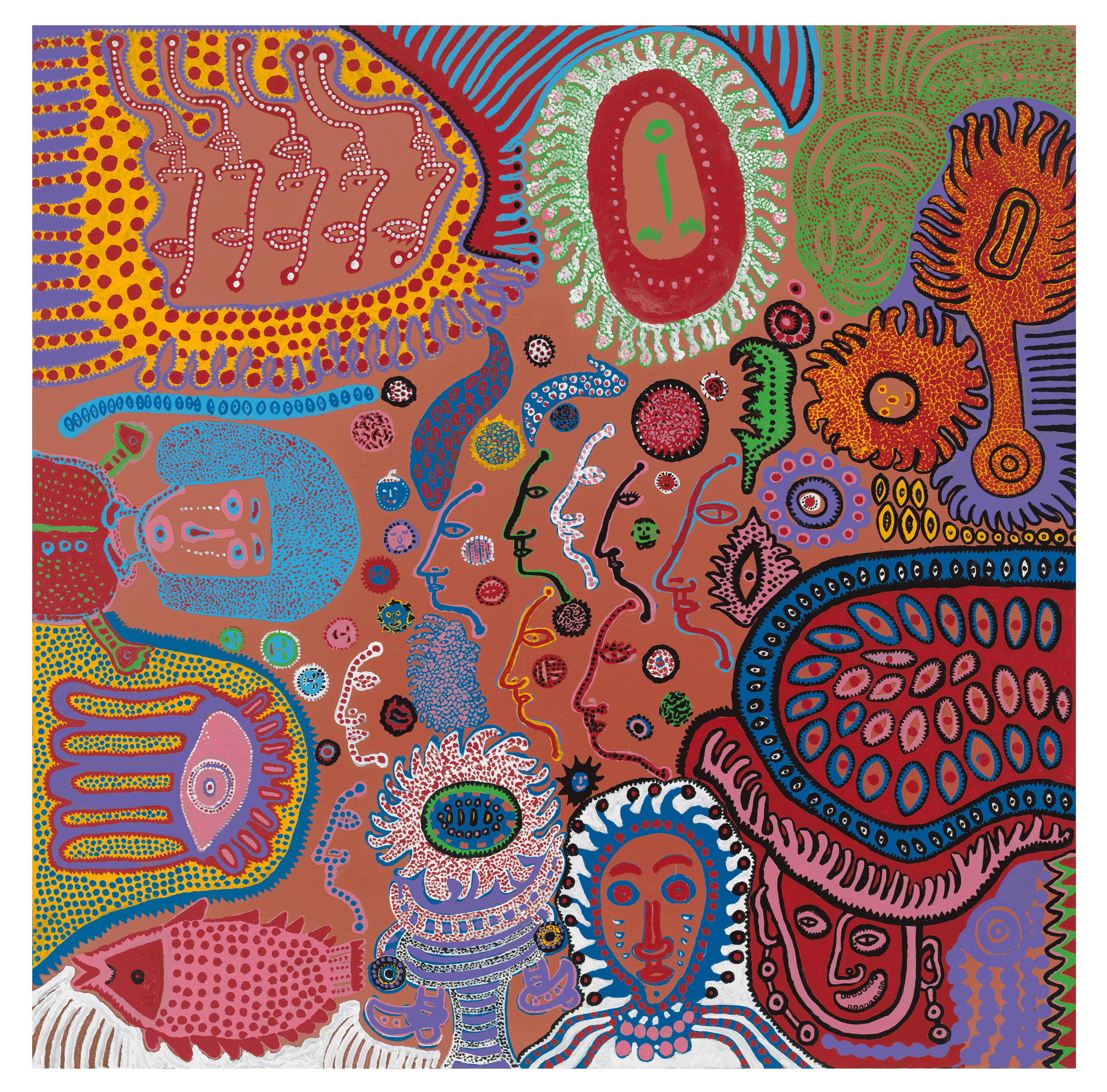 A painting by Yayoi Kusama, tiled GIVE ME LOVE, dated 2015.