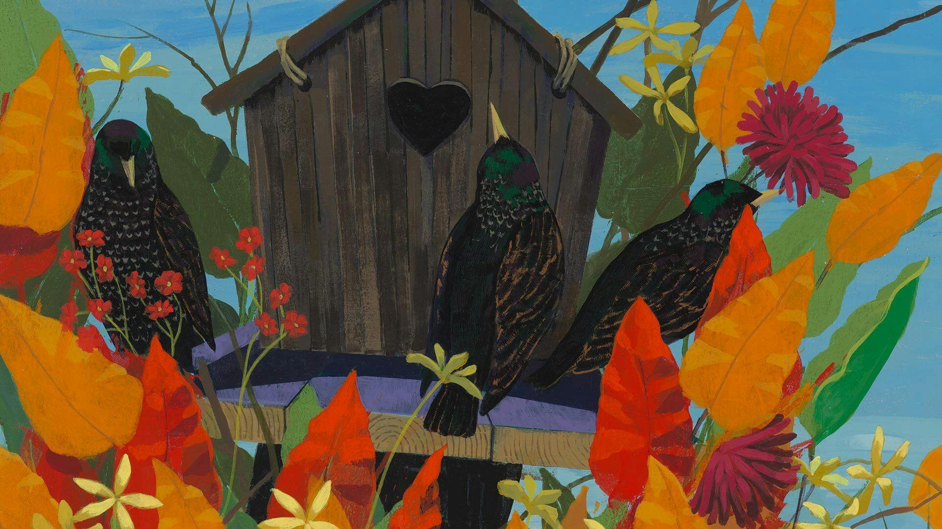 A detail from the work titled Black and Part Black Birds in America: (European Starlings) by Kerry James Marshall, dated 2021