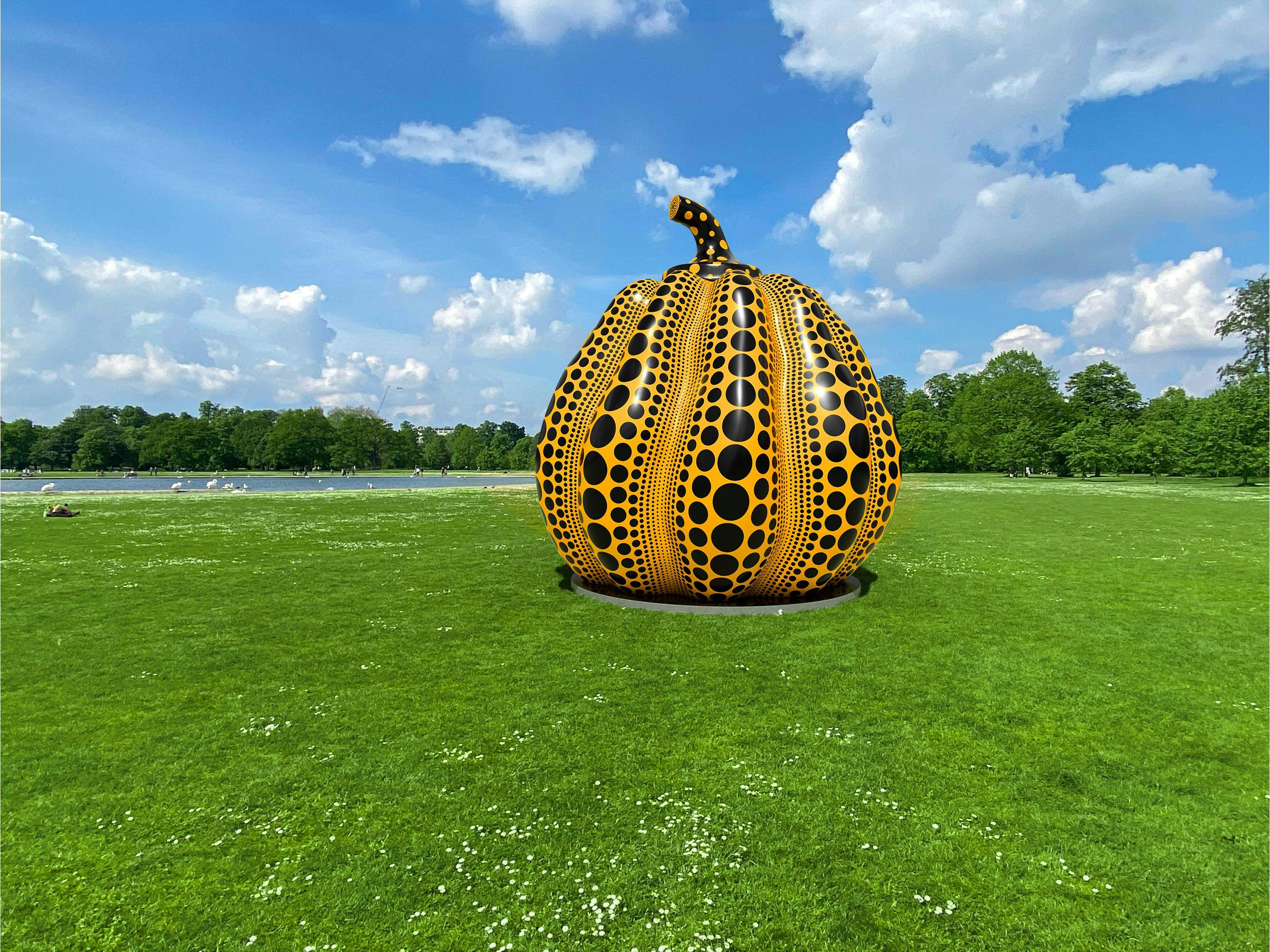 Digital rendering of a sculpture by Yayoi Kusama, titled Pumpkin, dated 2024.