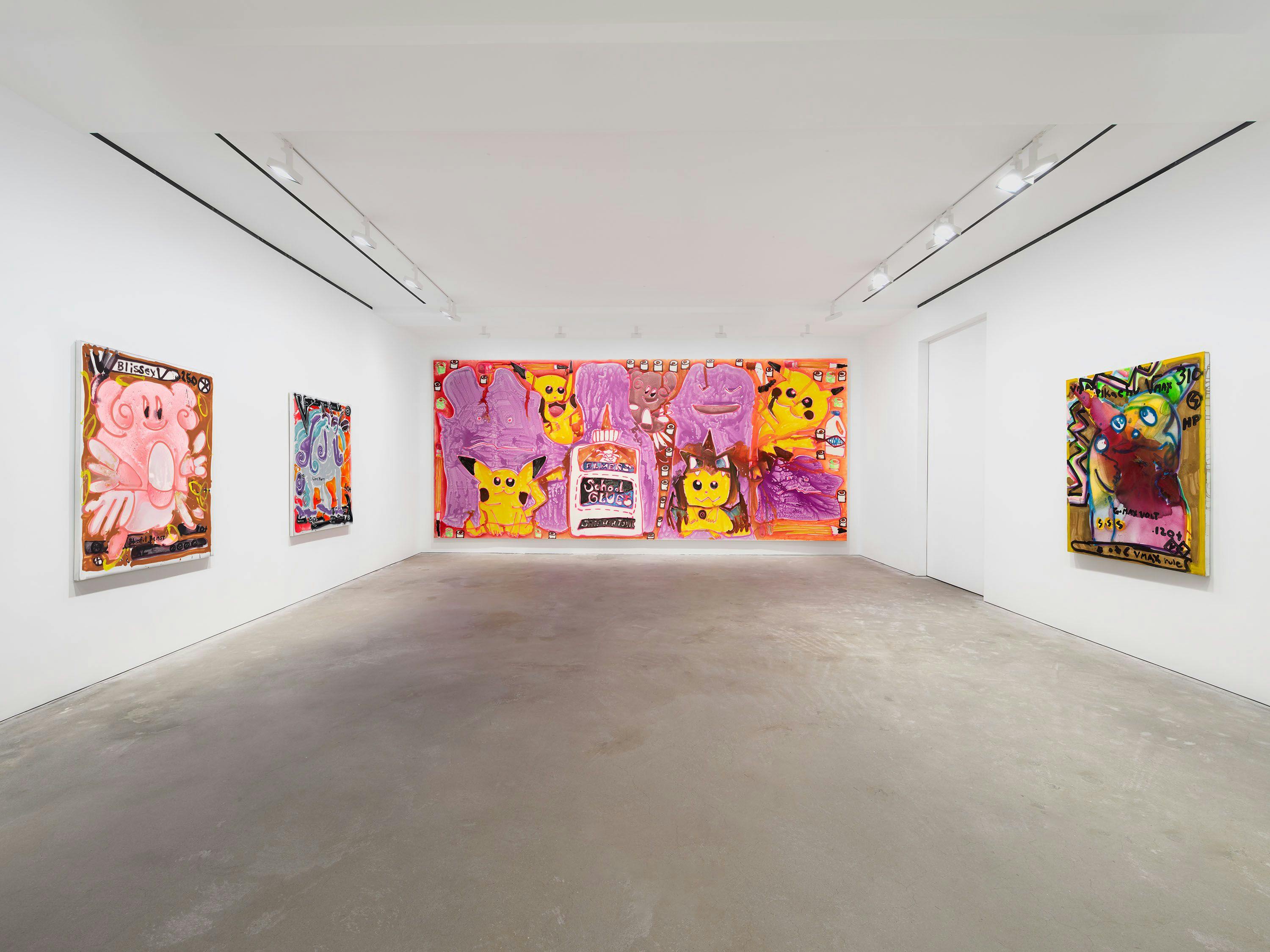 An installation view of the exhibition, Katherine Bernhardt: Dummy doll jealous eyes ditto pikachu beefy mimikyu rough play Galarian rapid dash libra horn HP 270 Vmax full art, at David Zwirner in Hong Kong, dated 2023.