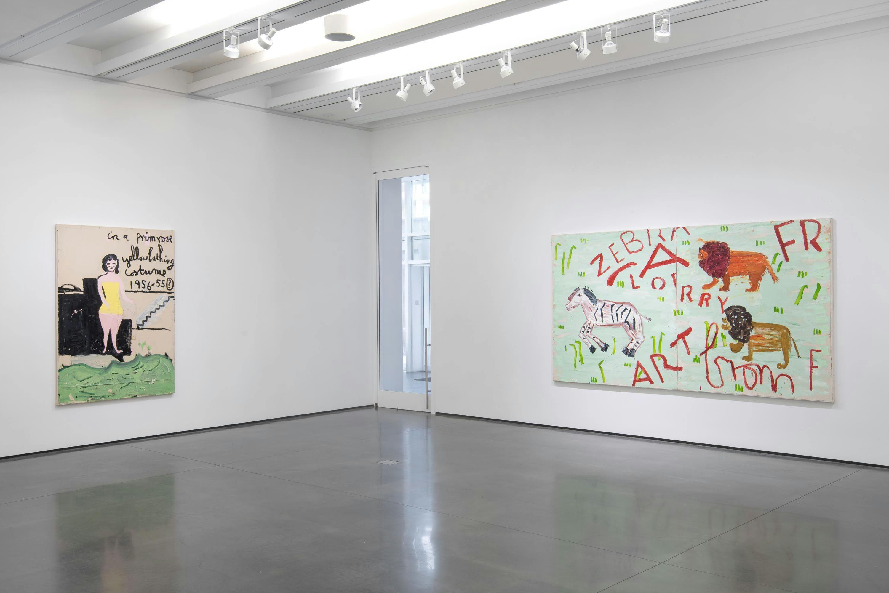 Installation view of the exhibition, Rose Wylie: where i am and was, at Aspen Art Museum in Aspen, dated 2020.