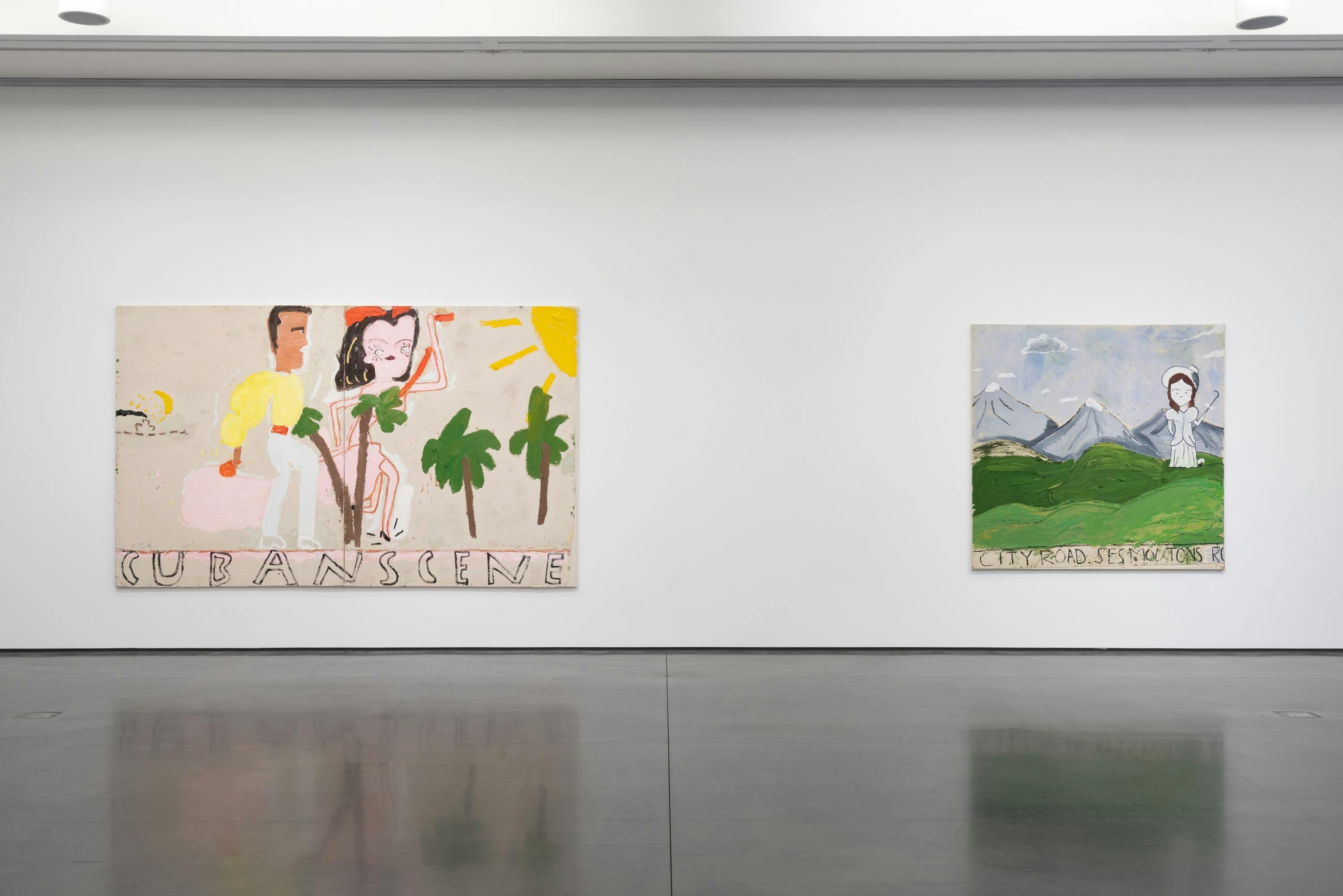 An installation view from the exhibition titled Rose Wylie: where i am and was, at Aspen Art Museum in 2020.
