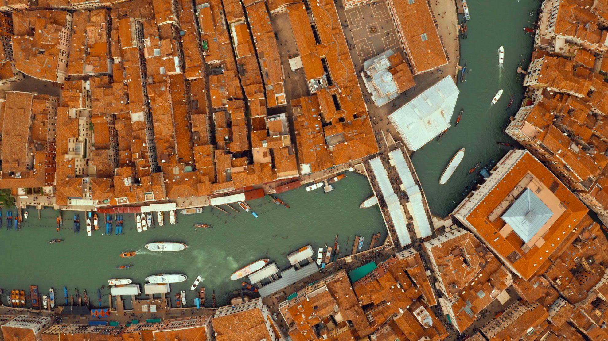 A still of drone footage overlooking Venice.