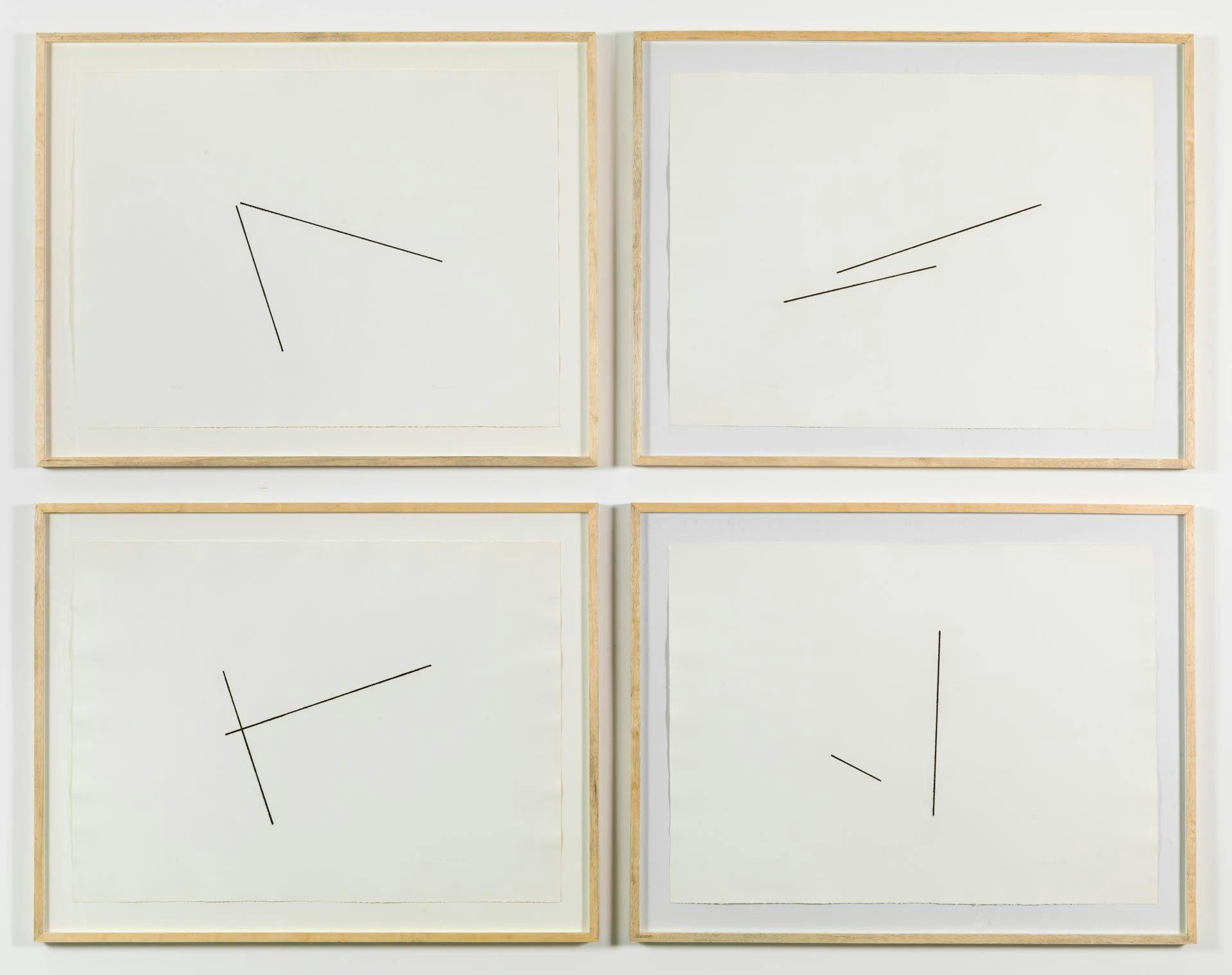 A print by Fred Sandback, titled, Untitled (from Four Variations of Two Diagonal Lines), dated 1976.