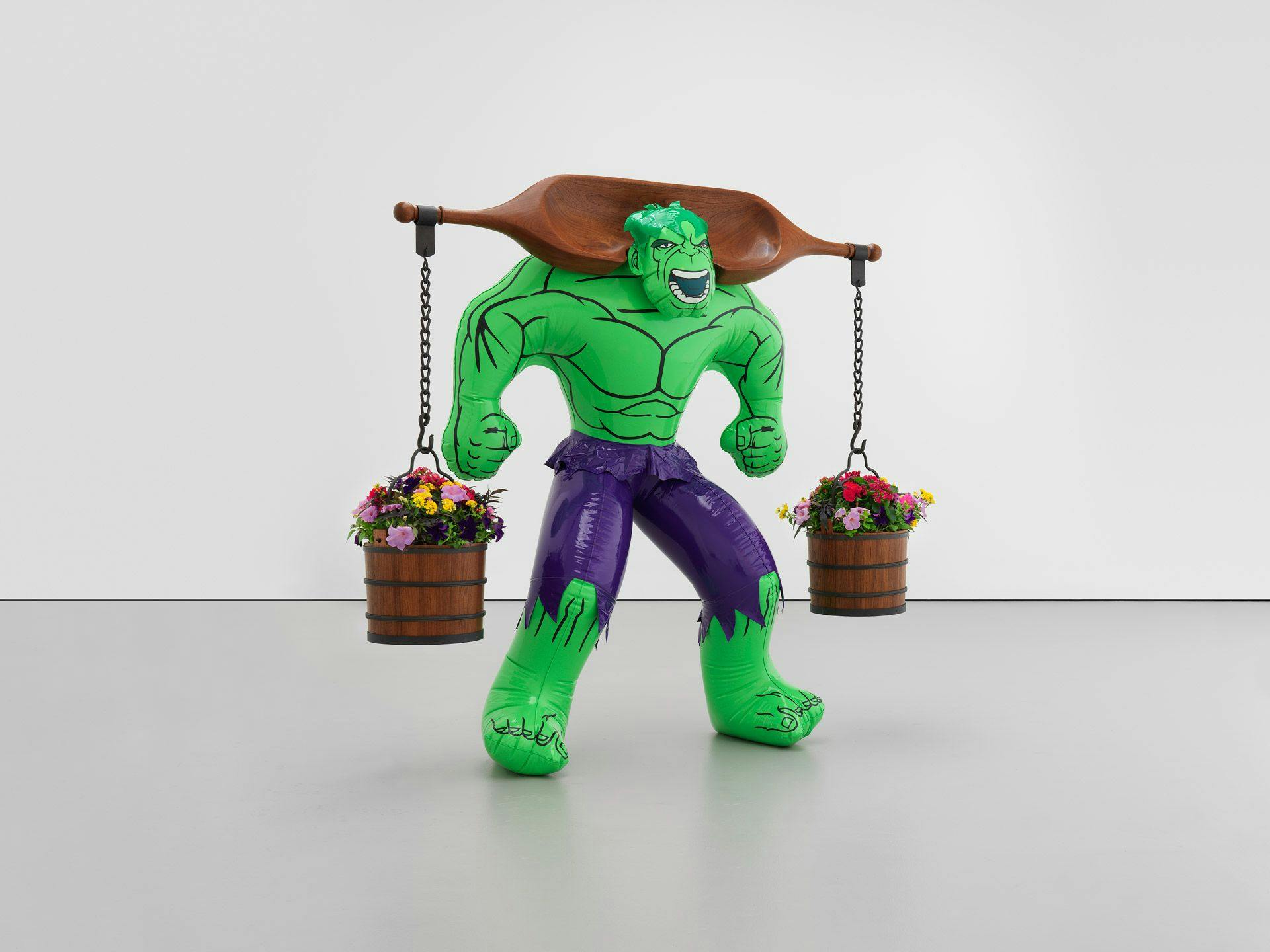 A sculpture by Jeff Koons, titled Hulk (Yoke), dated 2004-2014.