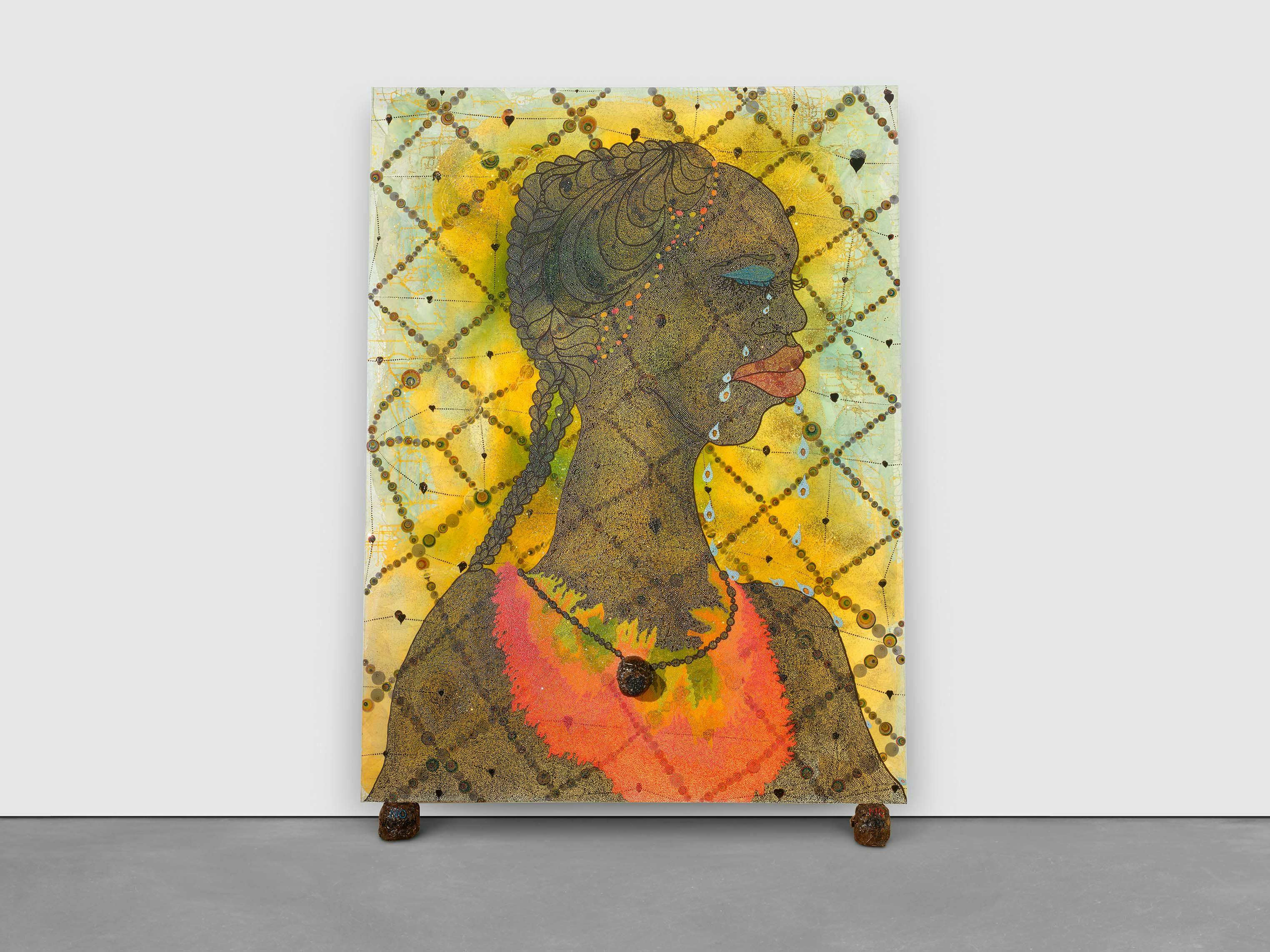 A mixed media artwork by Chris Ofili, titled No Woman, No Cry, dated 1998.