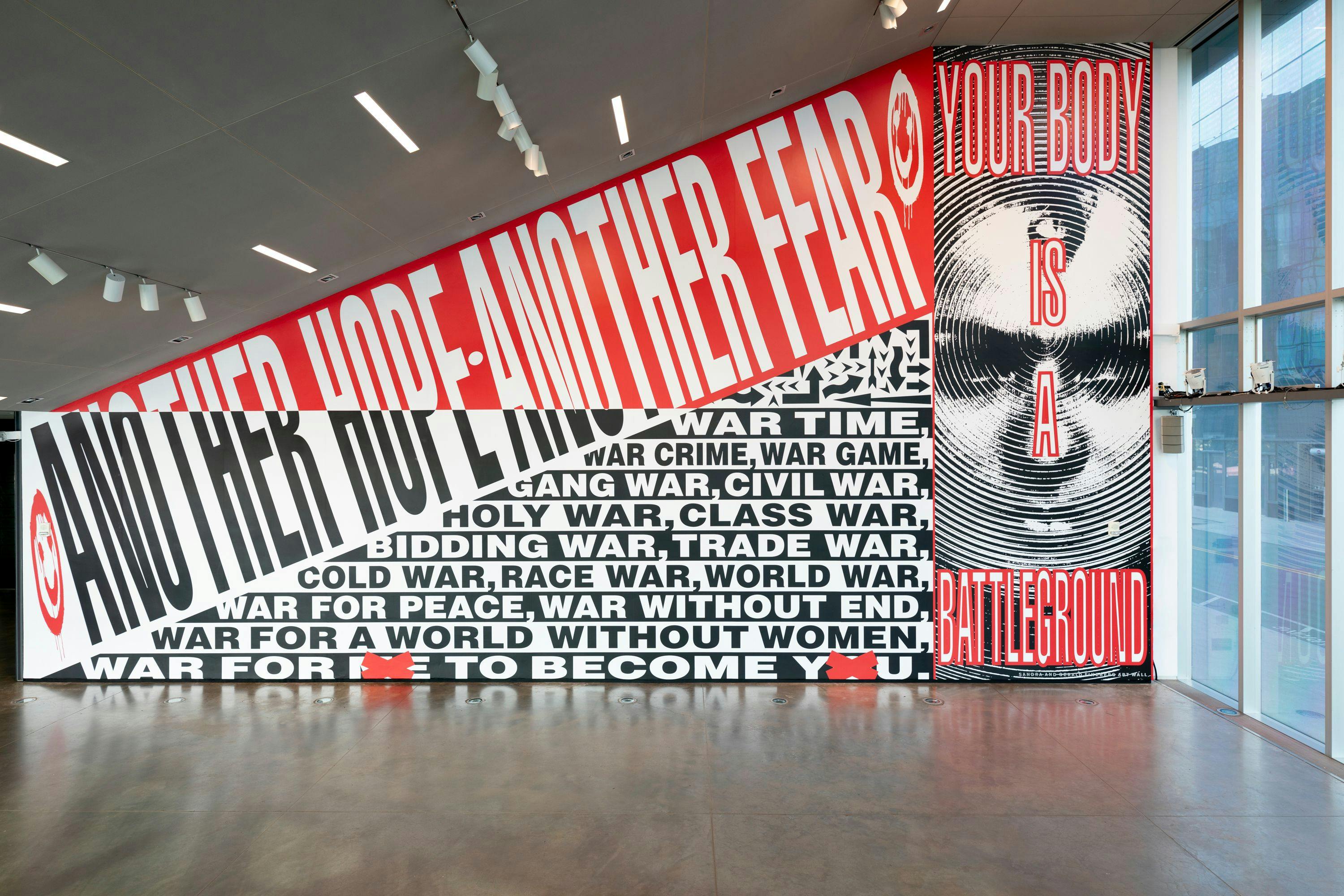 An installation view of Barbara Kruger’s installation at ICA Boston, 2022